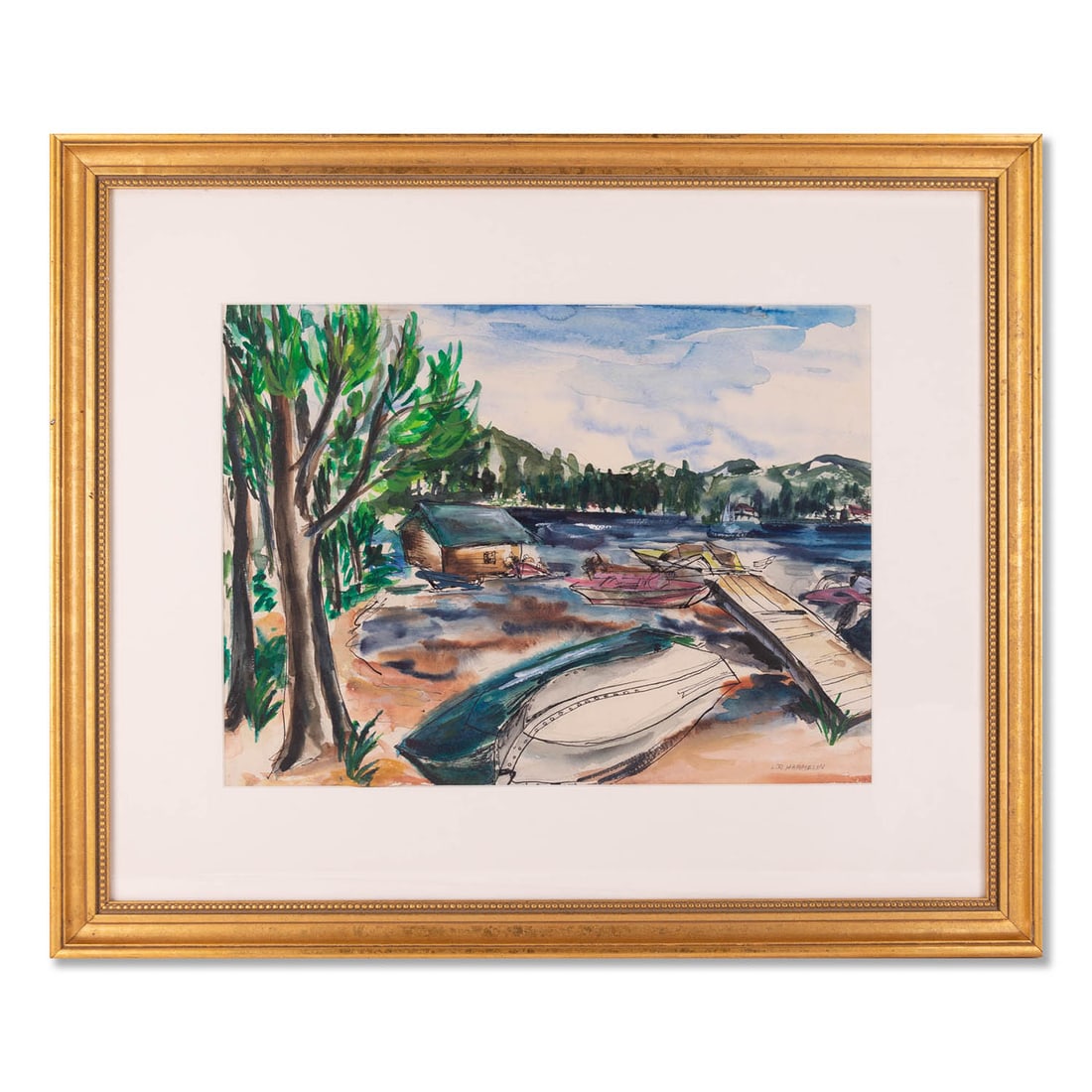 Vintage Impressionist Watercolor On Paper "River Landscape": Title: River Landscape Medium: Watercolor On Paper Size: 14 x 19 inches Frame: 23 x 28 inches Age: Vintage Condition: Great overall Signature: Lower right/L. R. Harmelin Great for collection or home d