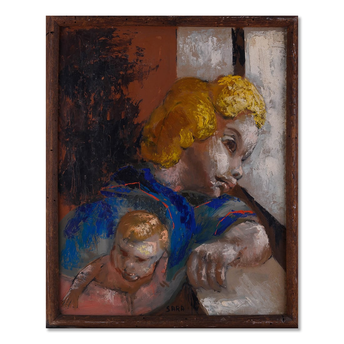 Early 20th Century Abstract Oil On Masonite "Mother And Baby": Title: Mother And Baby Medium: Oil On Masonite Size: 20 x 16 inches Frame: 22 x 18 inches Age: Early 20th Century Condition: Great overall for its age. shows some stain of age Signature: Sara Great fo