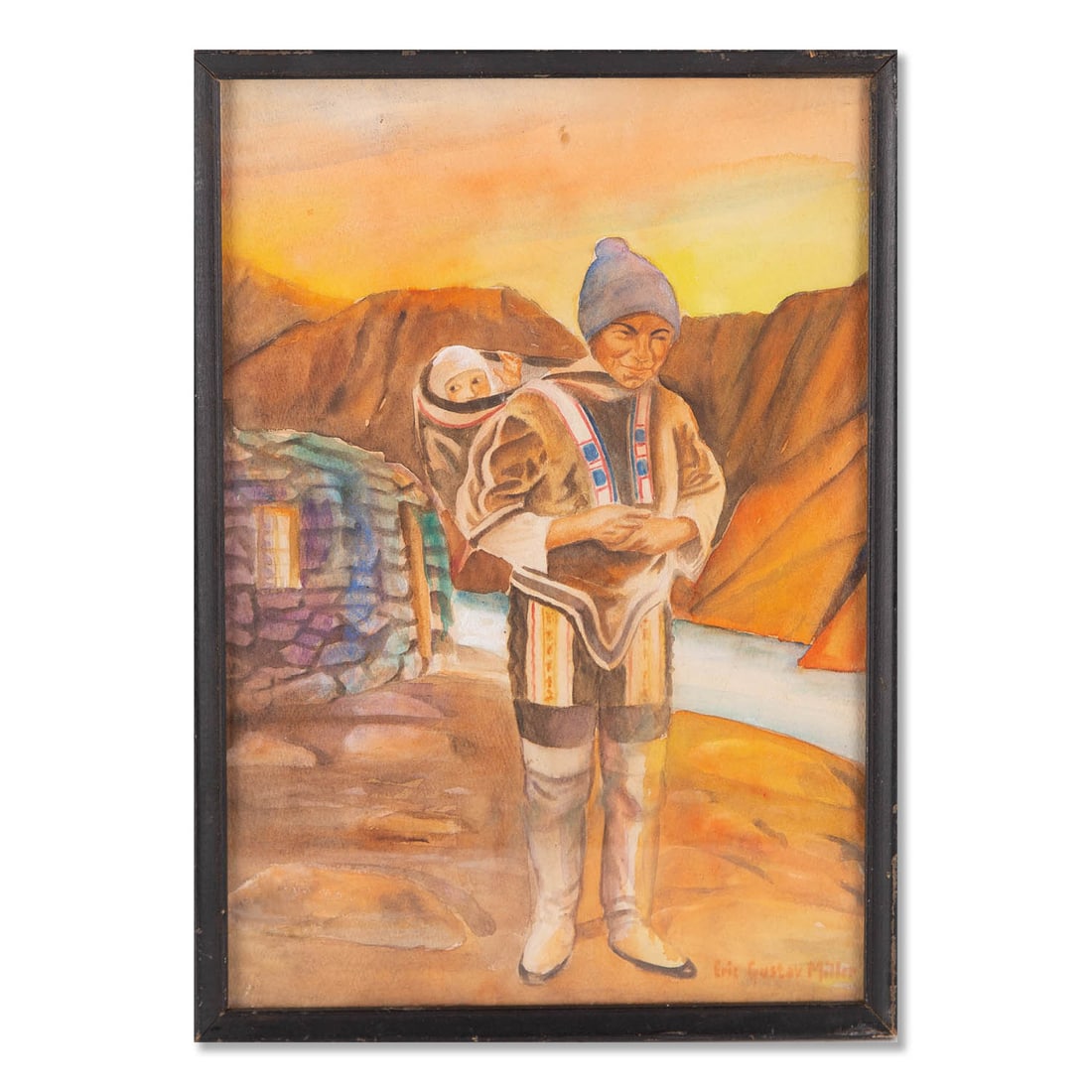 American Western Watercolor On paper "Indian Mother": Title: Indian Mother Medium: Watercolor on paper Style: Western Size: 14"x 9" Frame Size: 15"x "10 Age: 1960s Condition: Great overall Signature: Eric Gustav Miller Provenance: Collection from Estate