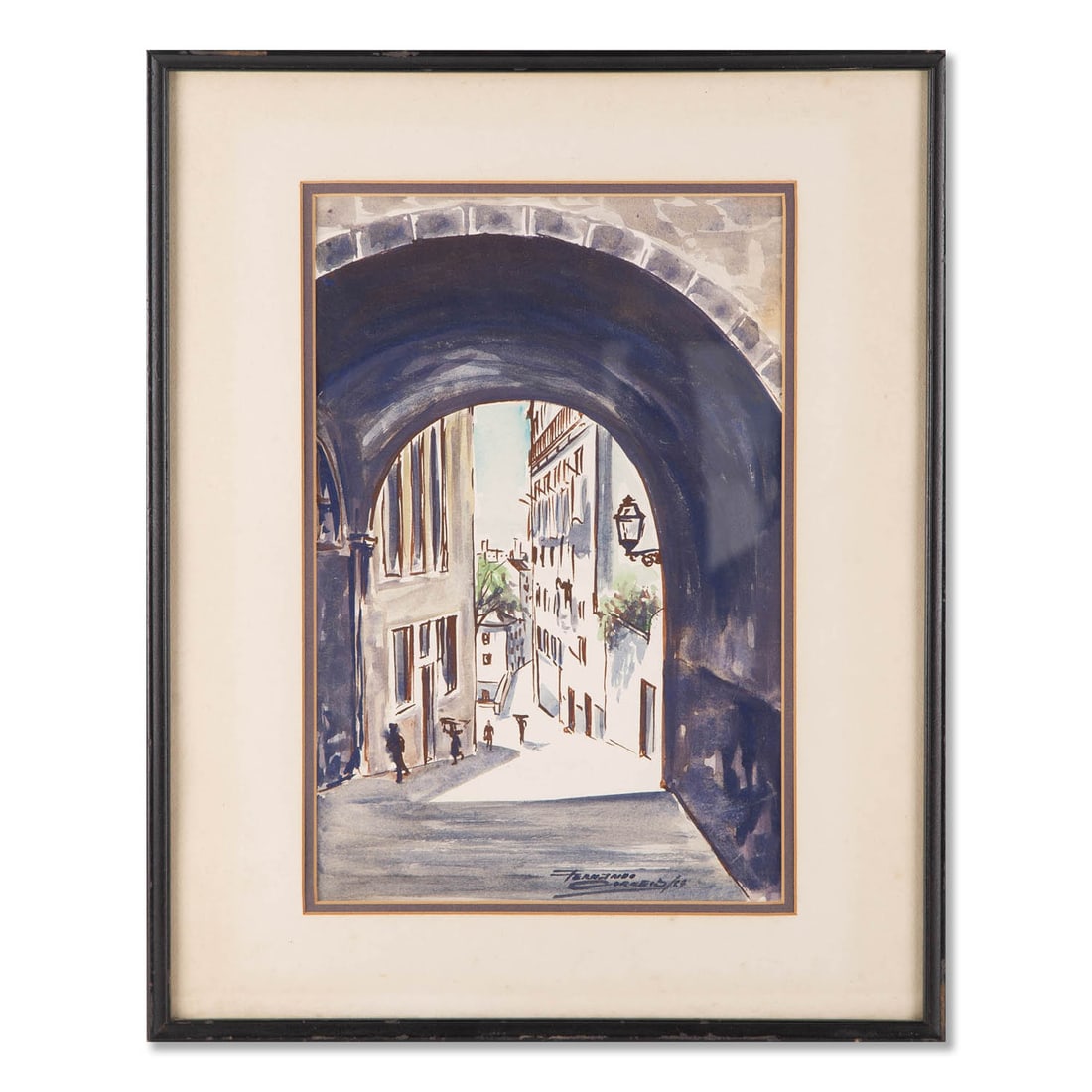 Vintage Expressionist Watercolor "Alley Scene": Title: Alley Scene Medium: Watercolor on paper Style: Expressionist Size: 15"x 11" Frame Size: 21"x 17" Age: 1970s Condition: Great overall Signature: Fernando Corneiz? Provenance: Collection from Est