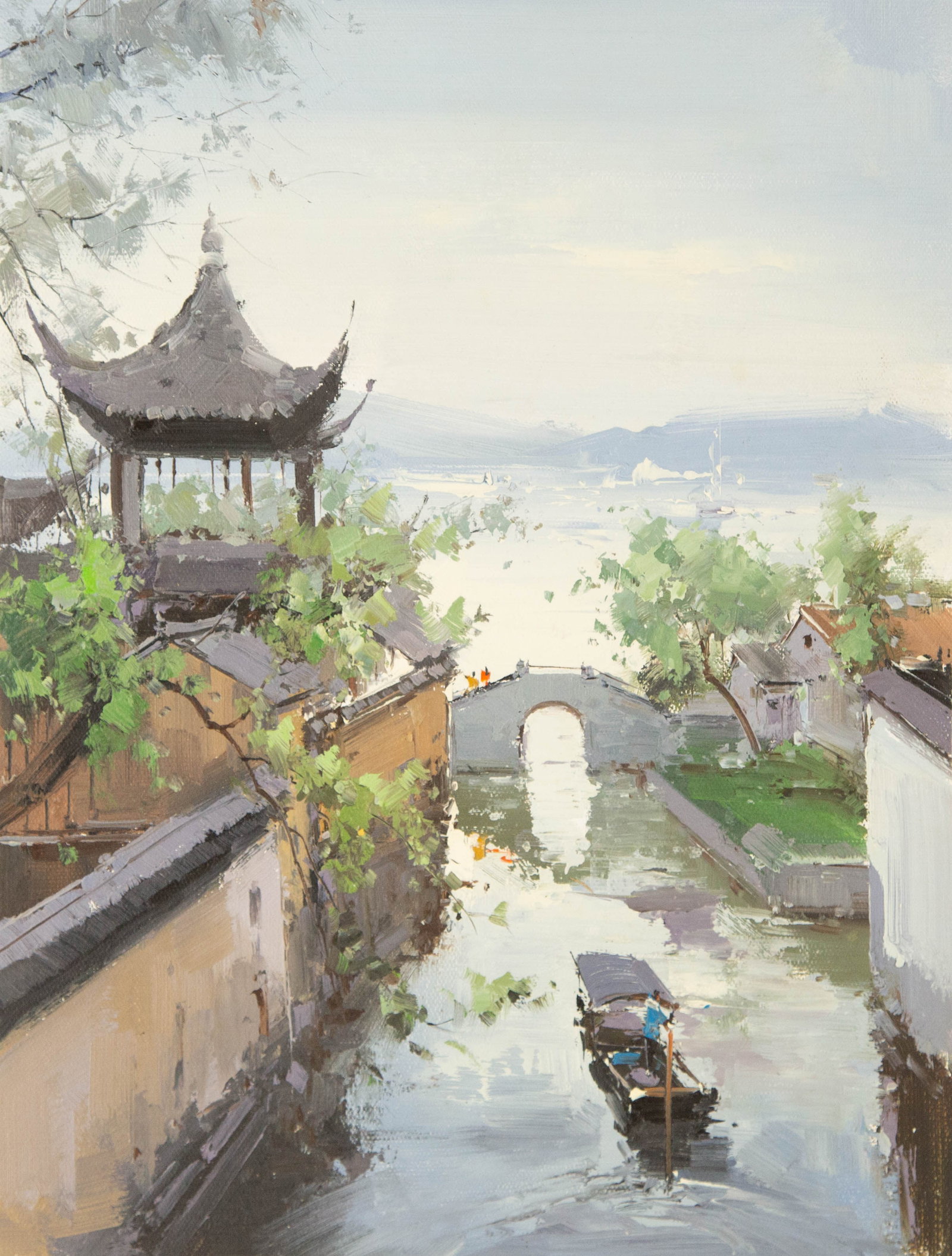 Zhikai Zhou Waterscape Original Oil On Canvas "Jiangnan II": Title: Jiangnan II Medium: Oil on canvas Size: 16.25 x 12.25 inches Frame: Framing options available! Condition: The painting appears to be in excellent condition. Note: This painting is unstretched,