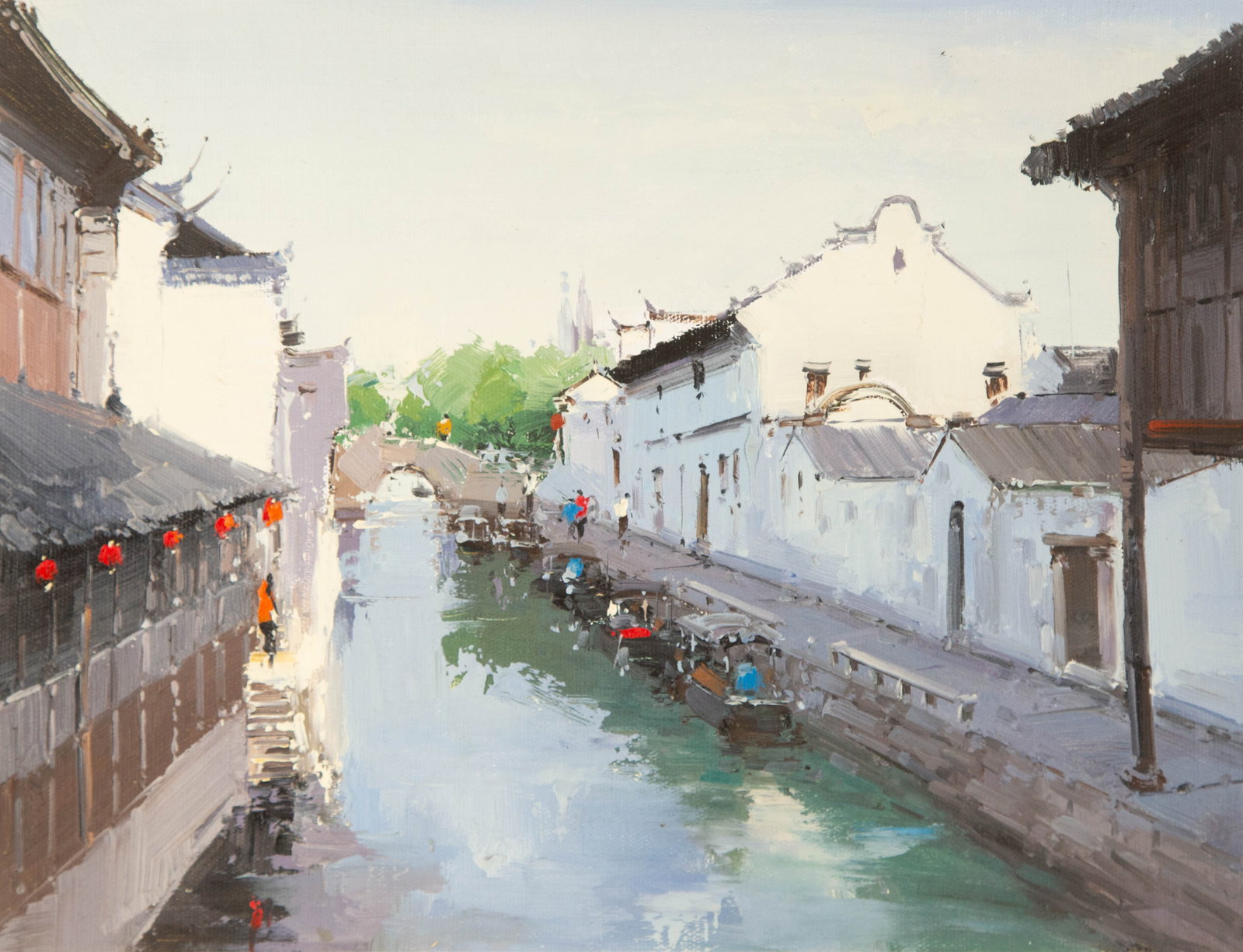 Zhikai Zhou Waterscape Original Oil On Canvas "Jiangnan IV": Title: Jiangnan IV Medium: Oil on canvas Size: 12.25 x 16 inches Frame: Framing options available! Condition: The painting appears to be in excellent condition. Note: This painting is unstretched, shi