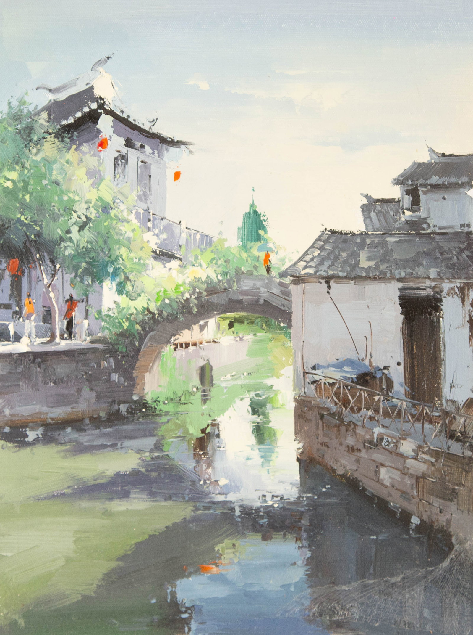 Zhikai Zhou Waterscape Original Oil On Canvas "Jiangnan VI": Title: Jiangnan VI Medium: Oil on canvas Size: 16.25 x 12.25 inches Frame: Framing options available! Condition: The painting appears to be in excellent condition. Note: This painting is unstretched,