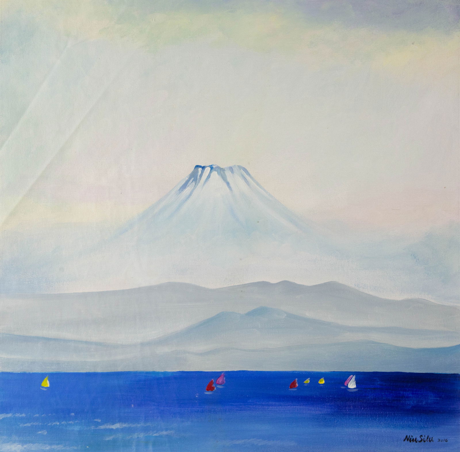 Silu Niu Landscape Original Acrylic On Canvas "Mount Fuji": Title: Mount Fuji Medium: Oil on canvas Size: 19.75 x 20 inches Frame: Framing options available! Condition: The painting appears to be in excellent condition. Note: This painting is unstretched, ship