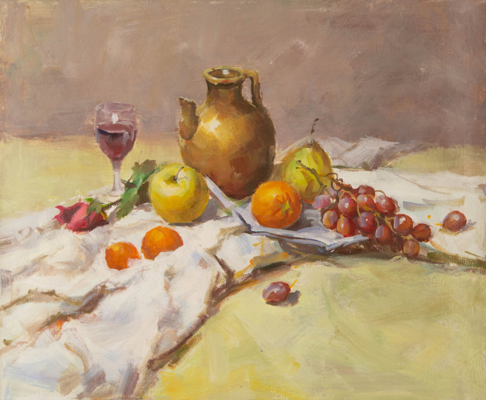 Jinghua Shuai Still Life Original Oil On Canvas "Fruits": Title: Fruits Medium: Oil on canvas Size: 19.25 x 23.25 inches Frame: Framing options available! Condition: The painting appears to be in excellent condition. Note: This painting is unstretched, shipp