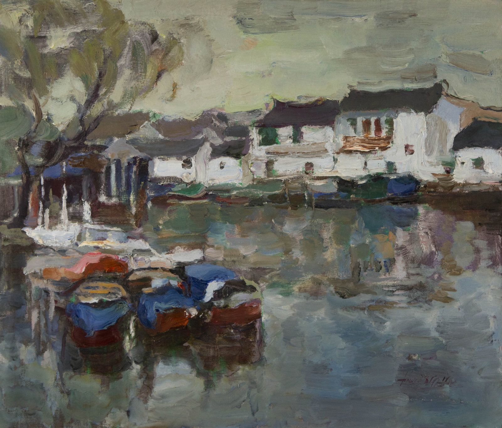 Ye Huang Waterscape Original Oil On Canvas "A Corner of the Old City": Title: A Corner of the Old City Medium: Oil on canvas Size: 23 x 27.25 inches Frame: Framing options available! Condition: The painting appears to be in excellent condition. Note: This painting is uns
