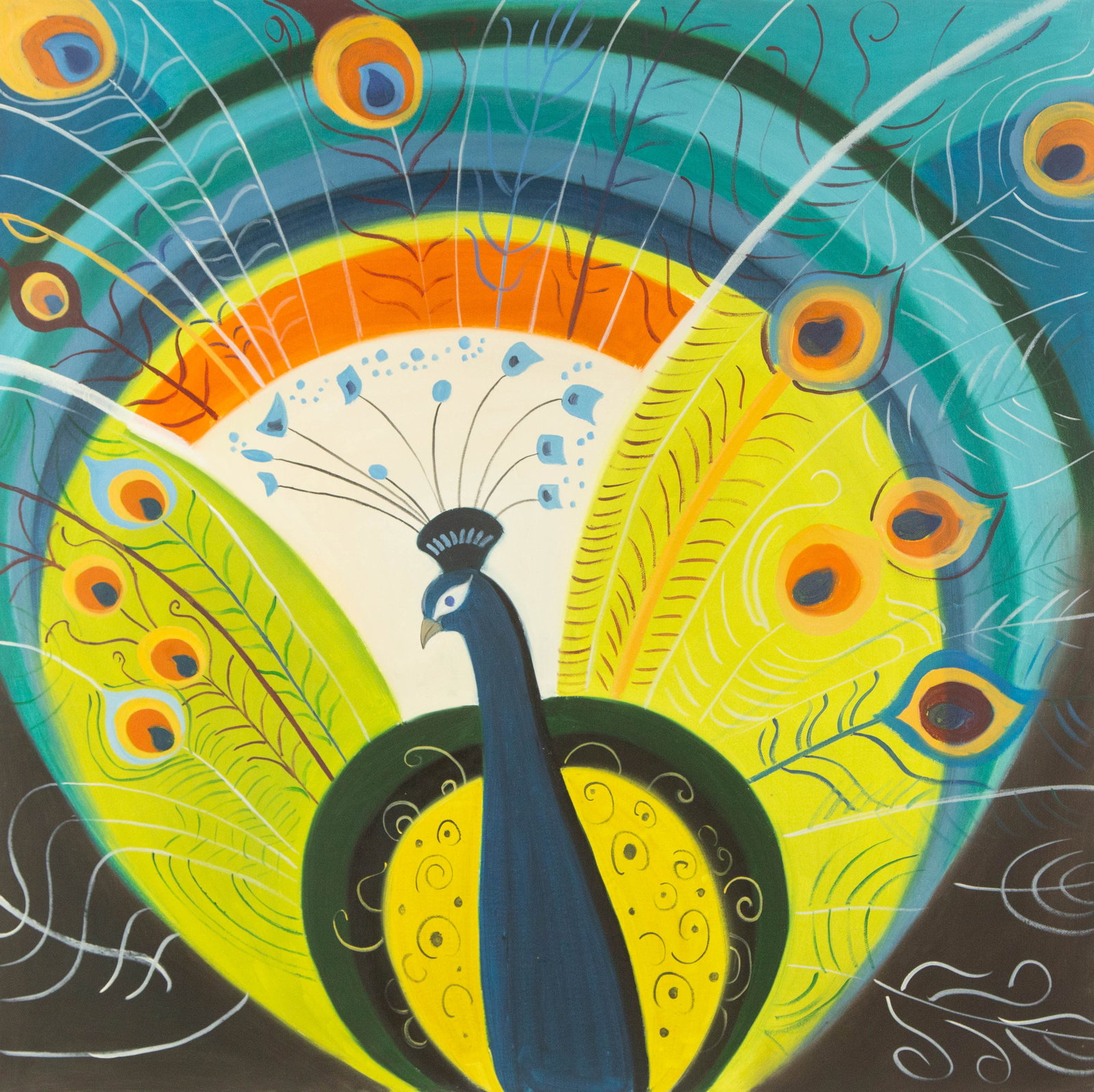 Dan Li Animal Original Oil On Canvas "Peacock": Title: Peacock Medium: Oil on canvas Size: 25.5 x 25.5 inches Frame: Framing options available! Condition: The painting appears to be in excellent condition. Note: This painting is unstretched, shippe