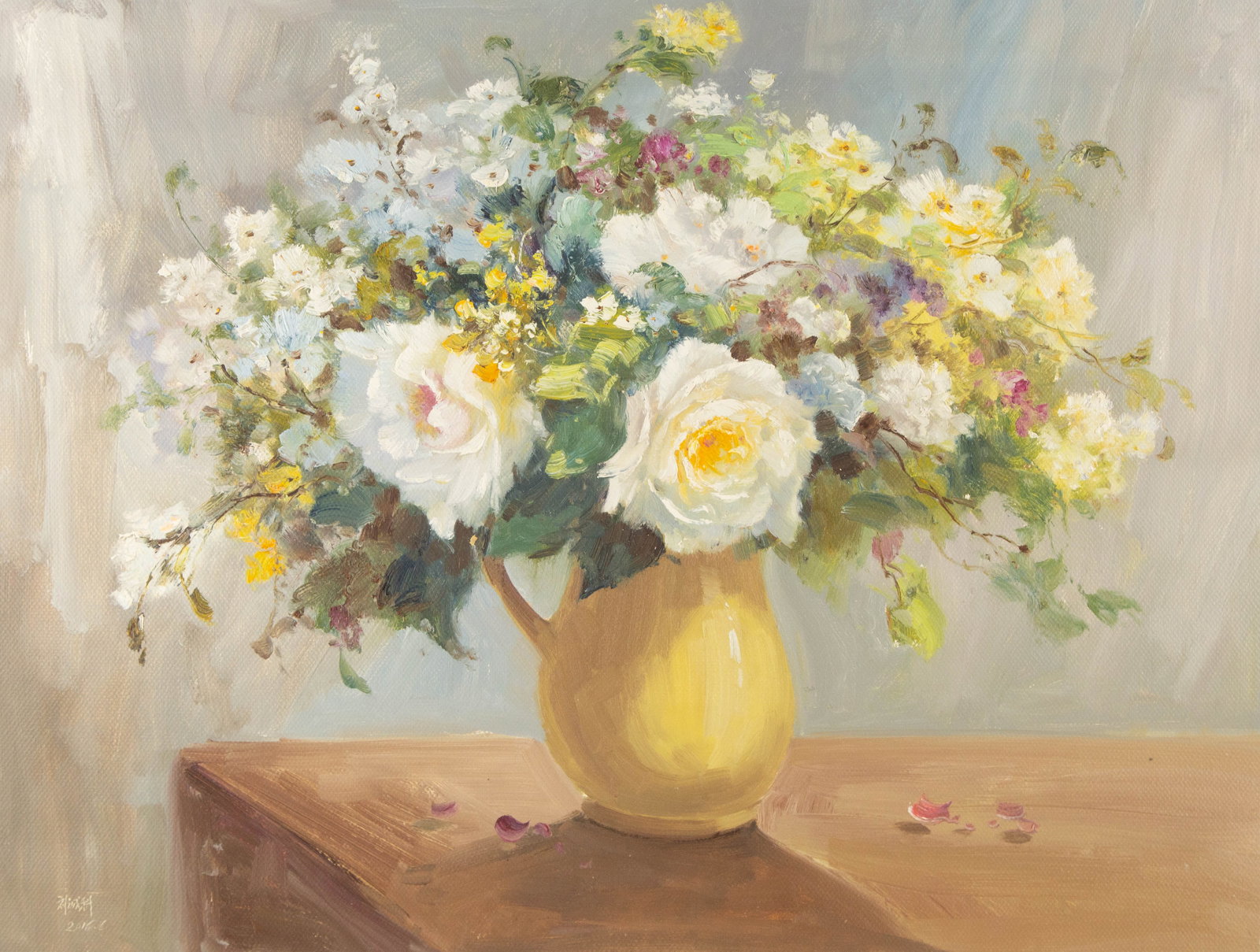 Chengke Liu Floral Original Oil On Canvas "Flowers IV": Title: Flowers IV Medium: Oil on canvas Size: 24 x 31.25 inches Frame: Framing options available! Condition: The painting appears to be in excellent condition. Note: This painting is unstretched, ship