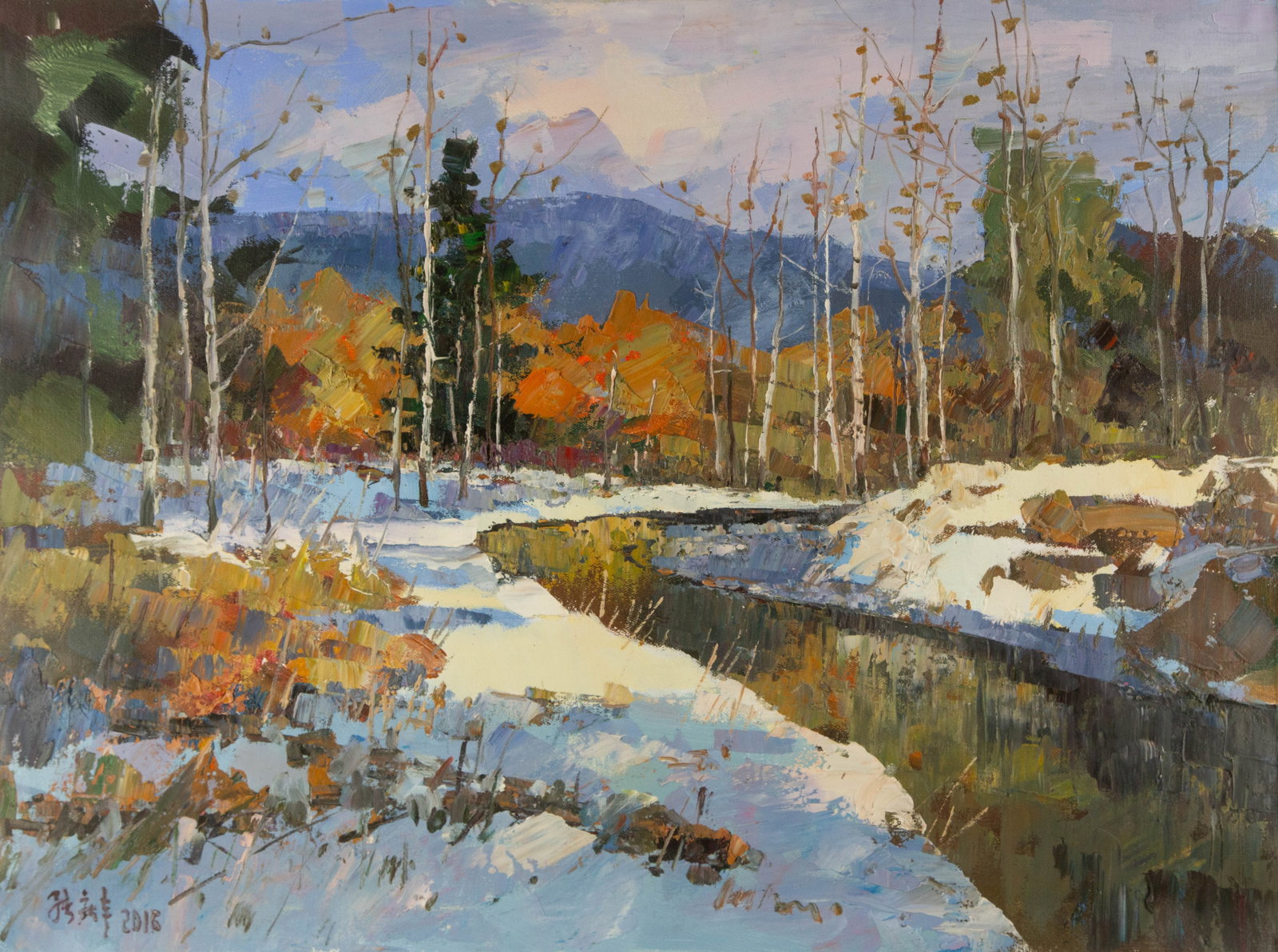 Qingfeng Zhang Landscape Original Oil On Canvas "Spring in the North Country": Title: Spring in the North Country Medium: Oil on canvas Size: 23.5 x 31.25 inches Frame: Framing options available! Condition: The painting appears to be in excellent condition. Note: This painting i