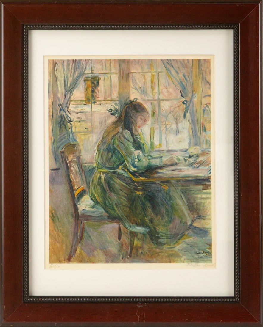 Berthe Morisot (French, 1841?1895) "Julie Morisot Reading" Portrait Print: Title: Julie Morisot Reading Medium: Print Style: Portrait Painting Size: 10.75 x 8.75 inches Frame Size: 16.75 x 13.75 inches Condition: This artwork is in good condition for its age. Signature: Sign