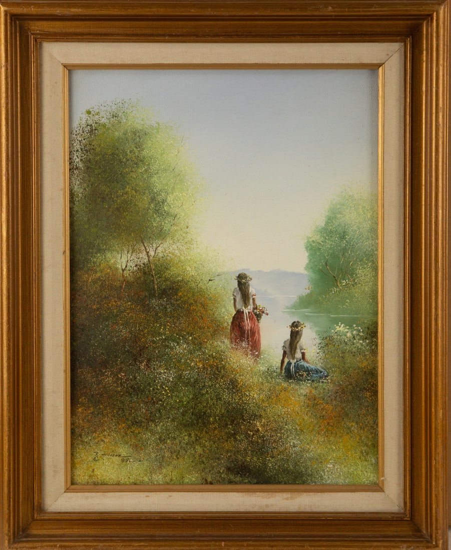 Attributed to Antonio Ramirez (Mexican, 1926-2014) "Afternoon by the Shore" Landscape Oil On Canvas: Title: Afternoon by the Shore Medium: Oil On Canvas Style: Landscape Painting Size: 15.75 x 11.75 inches Frame Size: 20.875 x 16.875 inches Condition: This artwork is in good condition for its age. Si