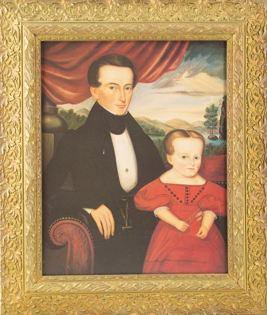 Orlando Hand Bears(1811-1851) Portrait Print "Mr Miner And Son By Orlando Hand Bears": Title: Mr Miner And Son By Orlando Hand Bears Medium: Print Painting Size: 19.5" x 15.5" Frame Size: 27" x 23" Condition: This artwork is in good overall condition for its age. Signature: Unsigned Art
