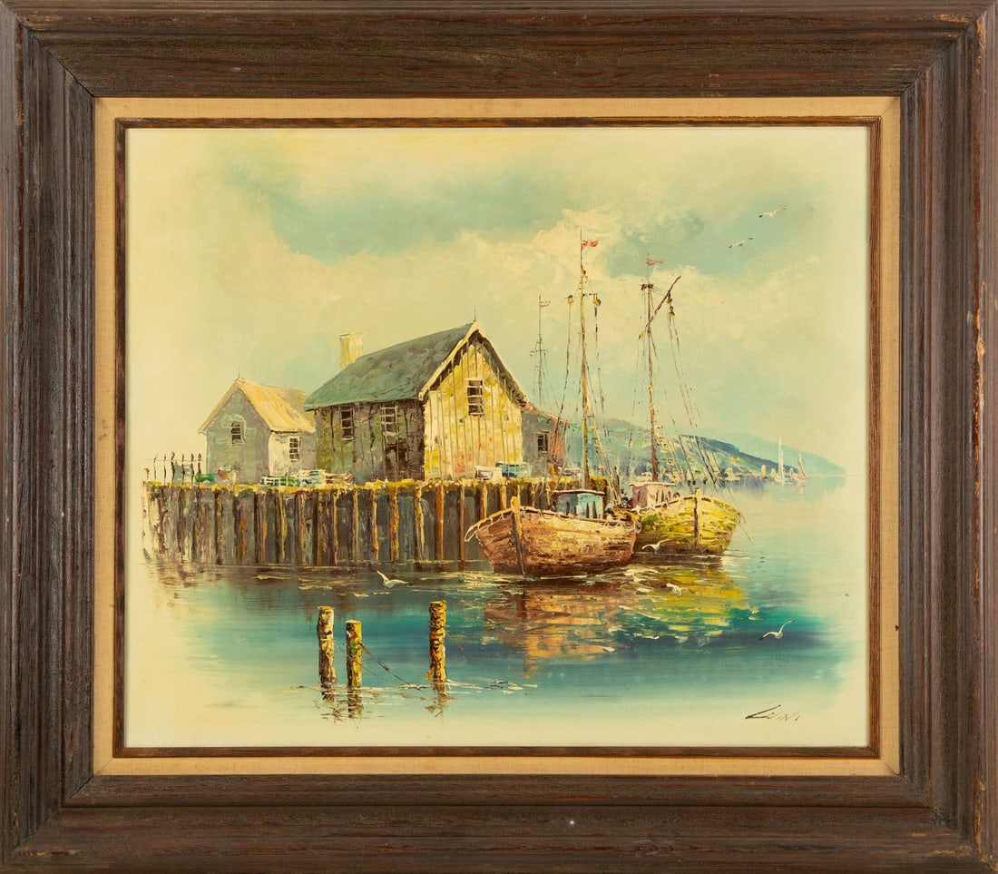 Luini Waterscape Oil On Canvas "House Next To The Pier": Title: House Next To The Pier Medium: Oil On Canvas Painting Size: 20" x 24" Frame Size: 28" x 32" Condition: This artwork is in good overall condition for its age. Signature: Signed Artist: Luini JZ2