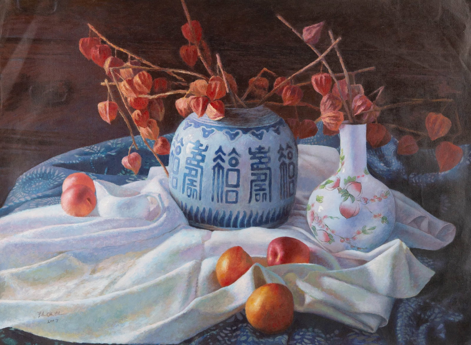 Yuemin Zhang Still Life Original Oil On Canvas "Porcelain and Fruits": Title: Porcelain and Fruits Medium: Oil on canvas Size: 23 x 31 inches Frame: Framing options available! Condition: The painting appears to be in excellent condition. Note: This painting is unstretche