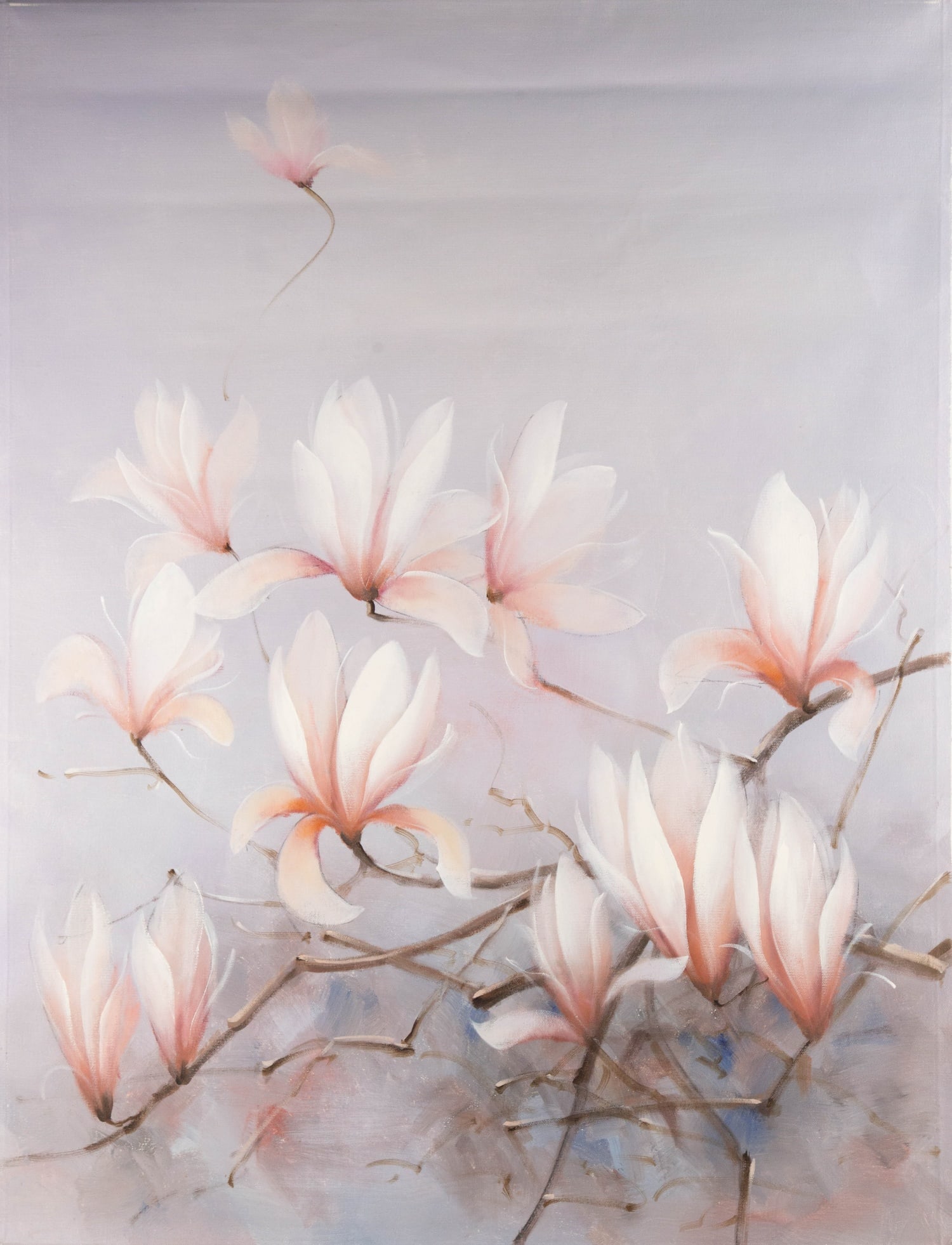 Yaping Hong Floral Original Acrylic On Canvas "Magnolia Bloom": Title: Magnolia Bloom Medium: Oil on canvas Size: 47.25 x 36.25 inches Frame: Framing options available! Condition: The painting appears to be in excellent condition. Note: This painting is unstretche