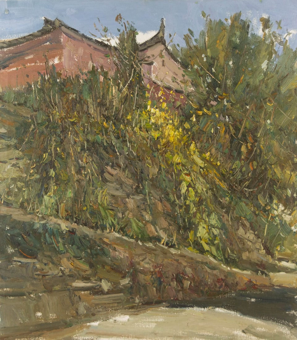 Panpan Wang Landscape Original Oil On Canvas "Village Series III": Title: Village Series III Medium: Oil on canvas Size: 31 x 27 inches Frame: Framing options available! Condition: The painting appears to be in excellent condition. Note: This painting is unstretched,