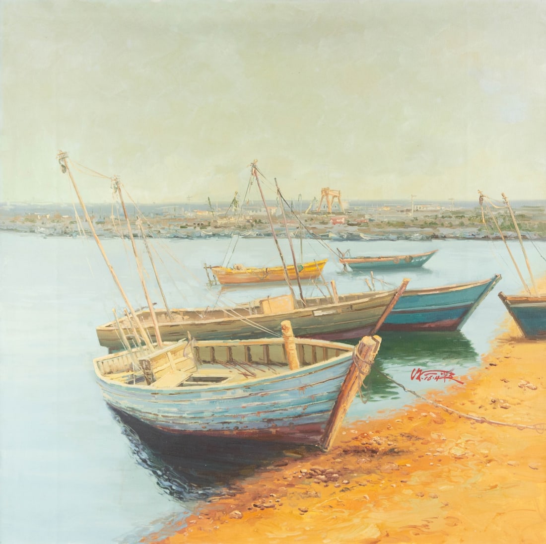 Shanwen Mou Waterscape Original Oil On Canvas "Boat": Title: Boat Medium: Oil on canvas Size: 31.25 x 31.25 inches Frame: Framing options available! Condition: The painting appears to be in excellent condition. Note: This painting is unstretched, shipped