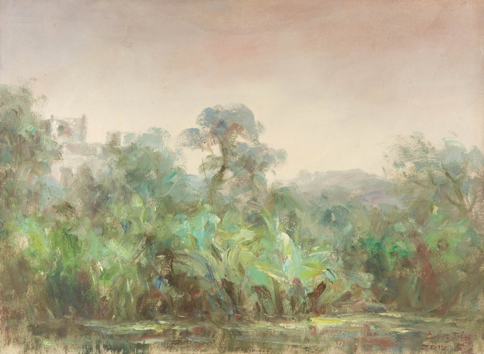 Bihua Gong Landscape Original Oil On Canvas "Scenes of Jiangnan": Title: Scenes of Jiangnan Medium: Oil on canvas Size: 23.5 x 31.5 inches Frame: Framing options available! Condition: The painting appears to be in excellent condition. Note: This painting is unstretc
