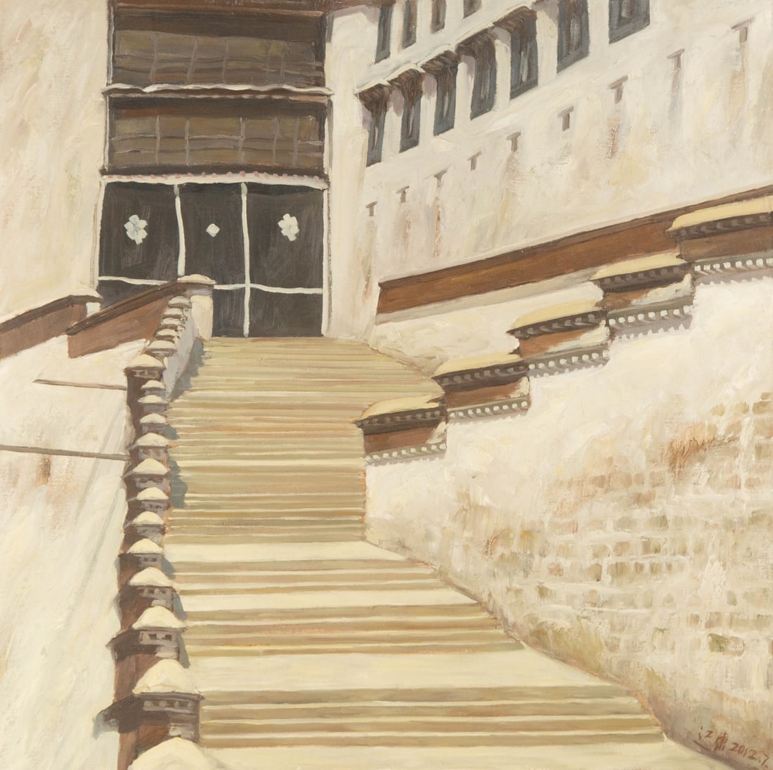 Jiangdong Li Landscape Original Oil On Canvas "Along the Wall": Title: Along the Wall Medium: Oil on canvas Size: 23.5 x 23.5 inches Frame: Framing options available! Condition: The painting appears to be in excellent condition. Note: This painting is unstretched,