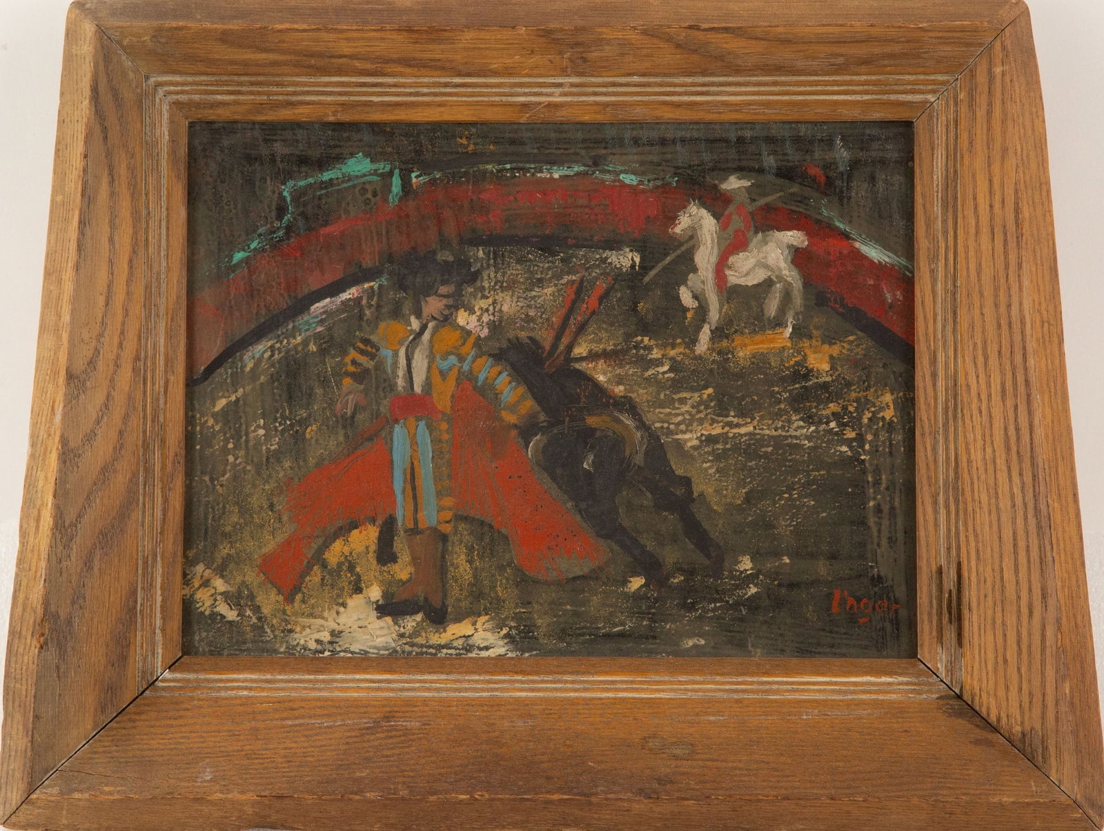 L' ager Portrait Oil On Board "Racecourse": Title: Racecourse Medium: Oil On Board Painting Size: 9" x 12" Frame Size: 12.5" x 16.5 (bottom length)" Condition: This artwork is in good overall condition for its age. Signature: Signed Artist: L' 