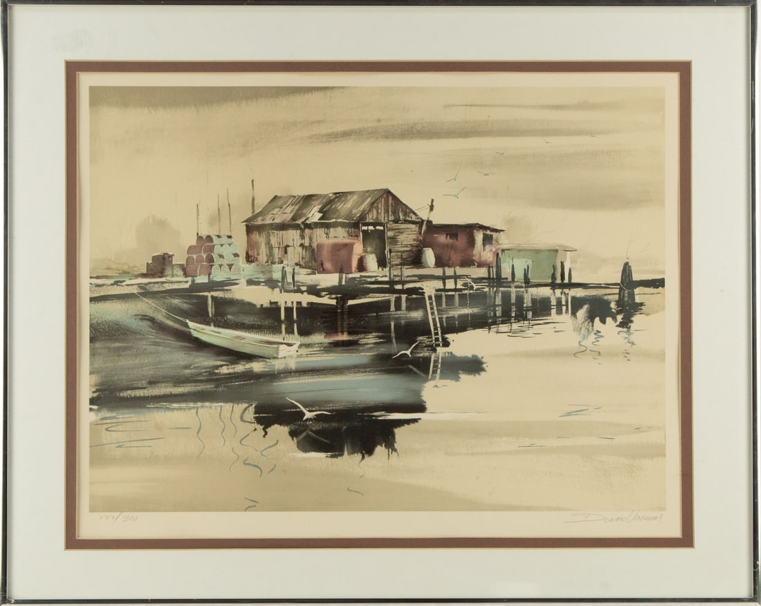 Donaca Uooraers Waterscape Limited Edition Print 122/300 "Waterside Peaceful Day": Title: Waterside Peaceful Day Medium: Limited Edition Print 122/300 Painting Size: 19" x 25" Frame Size: 24" x 30" Condition: This artwork is in good overall condition for its age. Signature: Signed A