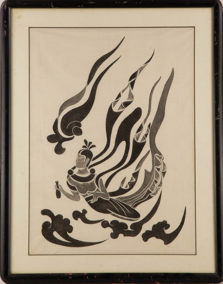 Portrait Stone Rubbing "Flying Free": Title: Flying Free Medium: Stone Rubbing Painting Size: 22" x 16" Frame Size: 28" x 22" Condition: This artwork is in good overall condition for its age. Signature: Unsigned Artist: N/A JZ24070102 Bid