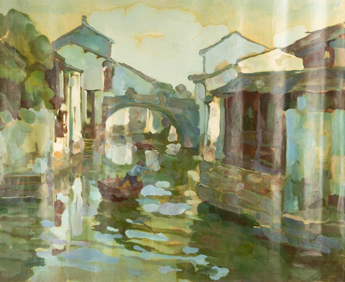 Liang Chen Waterscape Original Oil On Canvas "Water Village": Title: Water Village Medium: Oil on canvas Size: 34.25 x 42.24 inches Frame: Framing options available! Condition: The painting appears to be in excellent condition. Note: This painting is unstretched