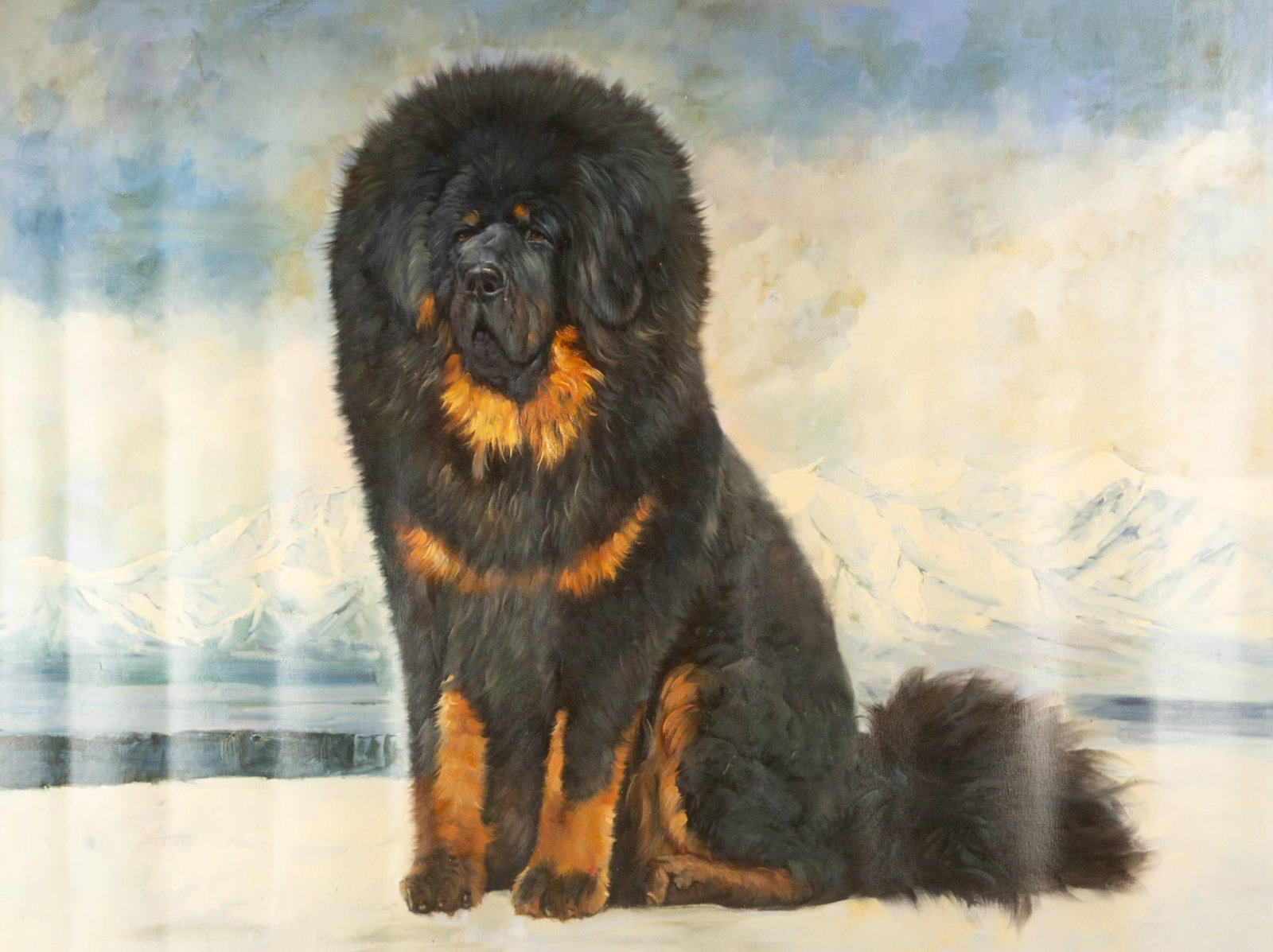 Qingyuan Liang Animal Original Oil On Canvas "Tibetan Mastiff": Title: Tibetan Mastiff Medium: Oil on canvas Size: 35.25 x 46.5 inches Frame: Framing options available! Condition: The painting appears to be in excellent condition. Note: This painting is unstretche
