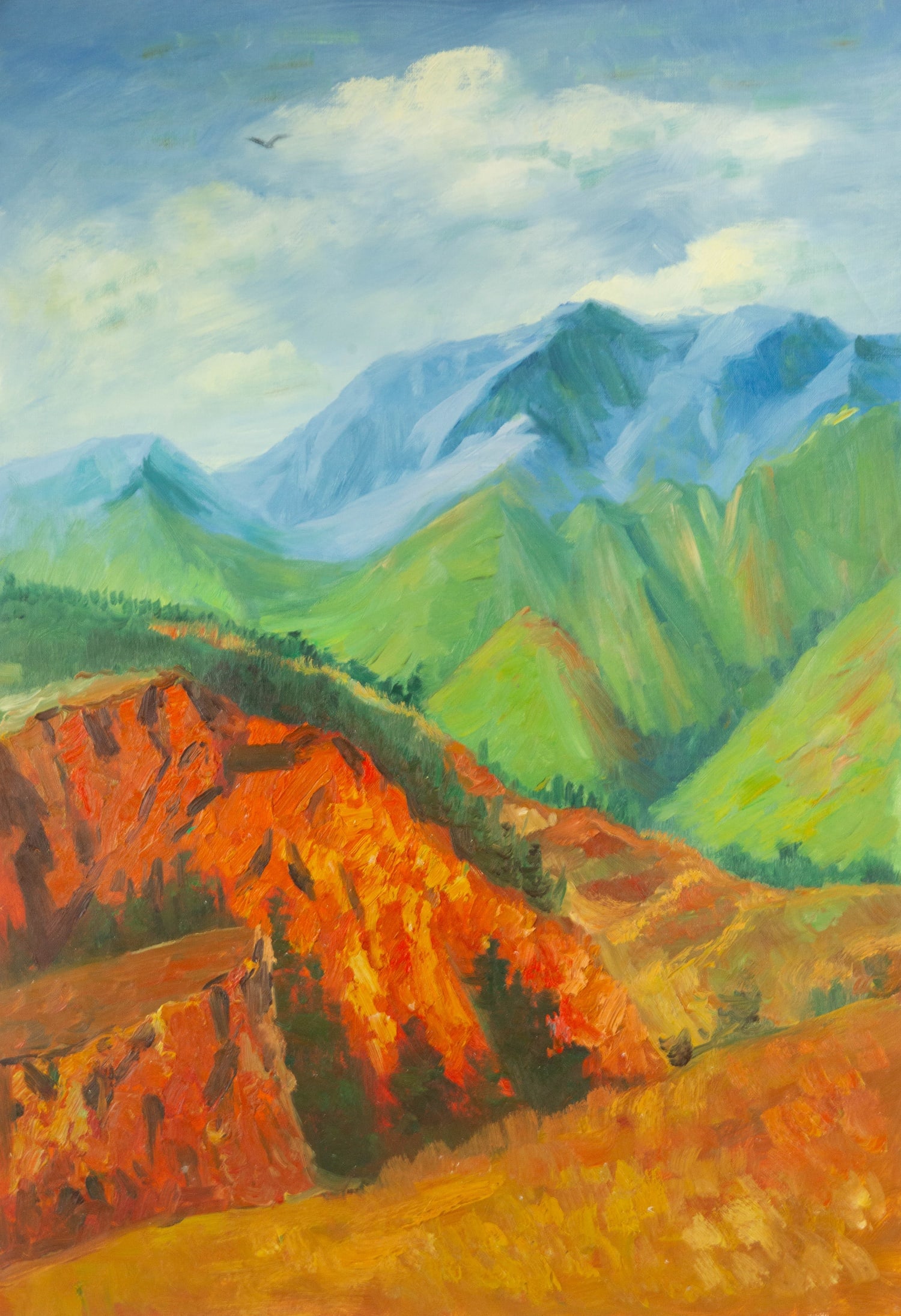 Binhua Cao Landscape Original Oil On Canvas "Red & Green Mountains" (1 of 11)