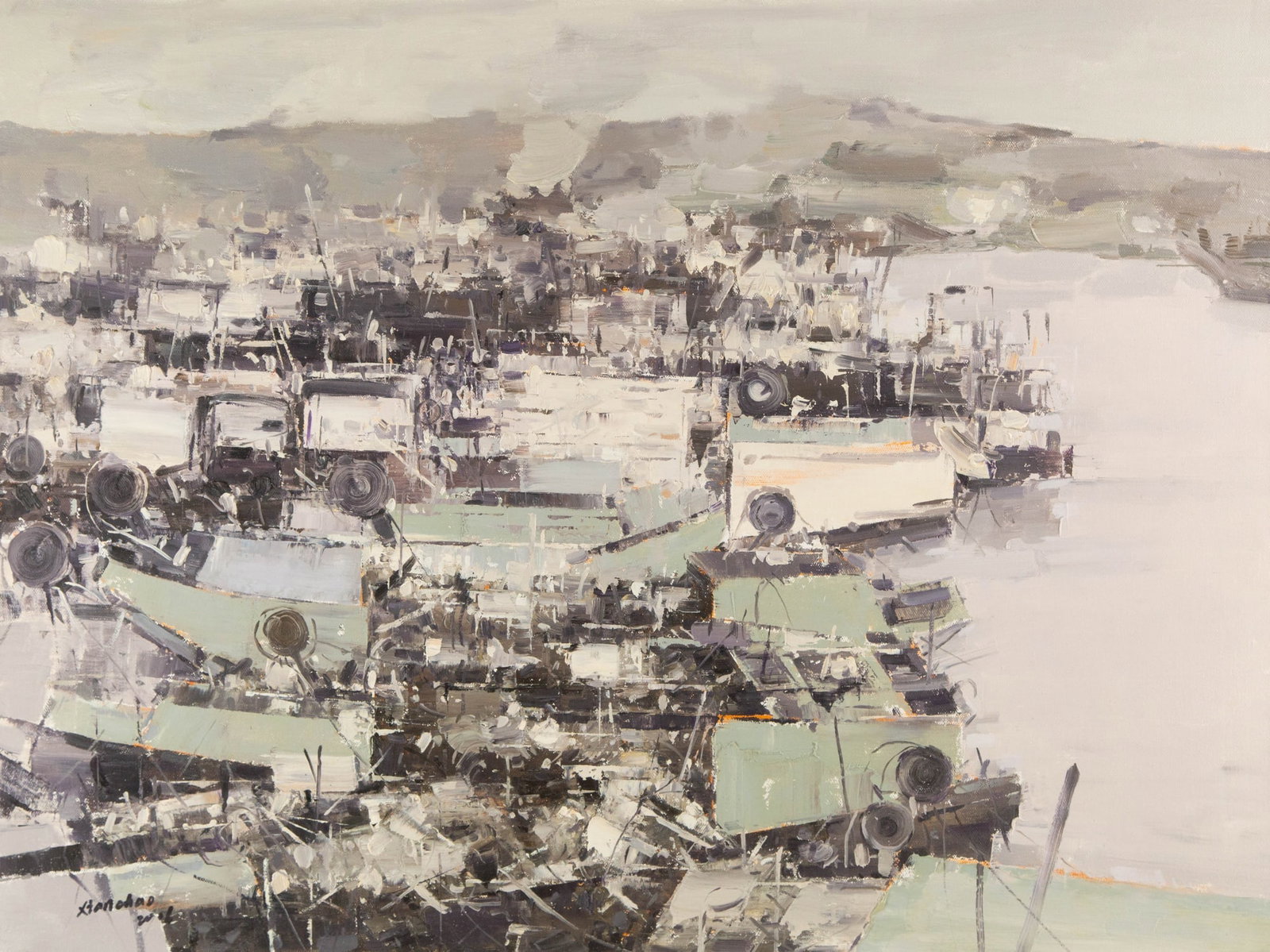 Xianchao He Waterscape Original Oil On Canvas "Harbor Dock": Title: Harbor Dock Medium: Oil on canvas Size: 23.5 x 31.5 inches Frame: Framing options available! Condition: The painting appears to be in excellent condition. Note: This painting is unstretched, sh