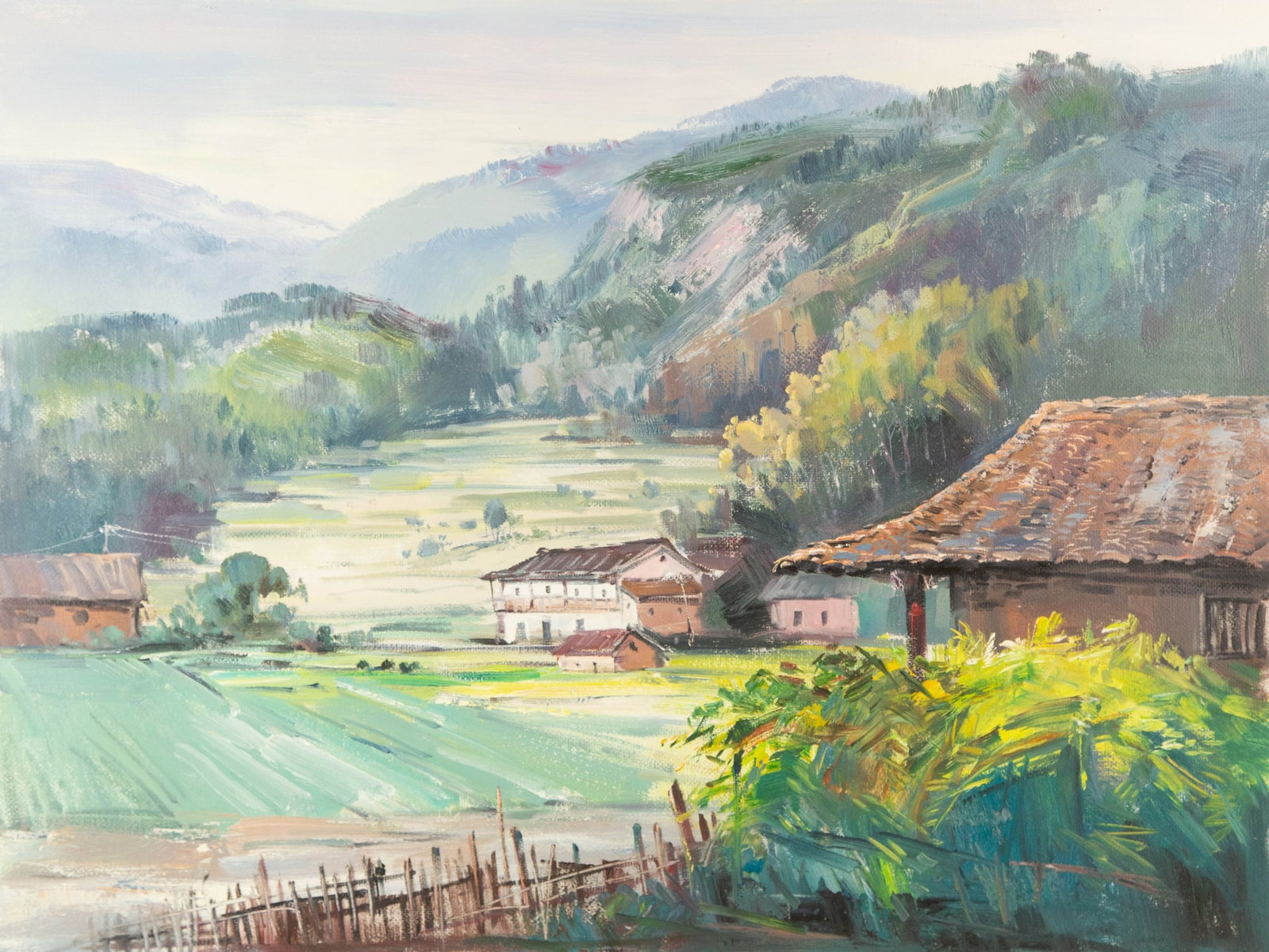 Chen Shen Landscape Original Oil On Canvas "Village": Title: Village Medium: Oil on canvas Size: 23.75 x 31.5 inches Frame: Framing options available! Condition: The painting appears to be in excellent condition. Note: This painting is unstretched, shipp