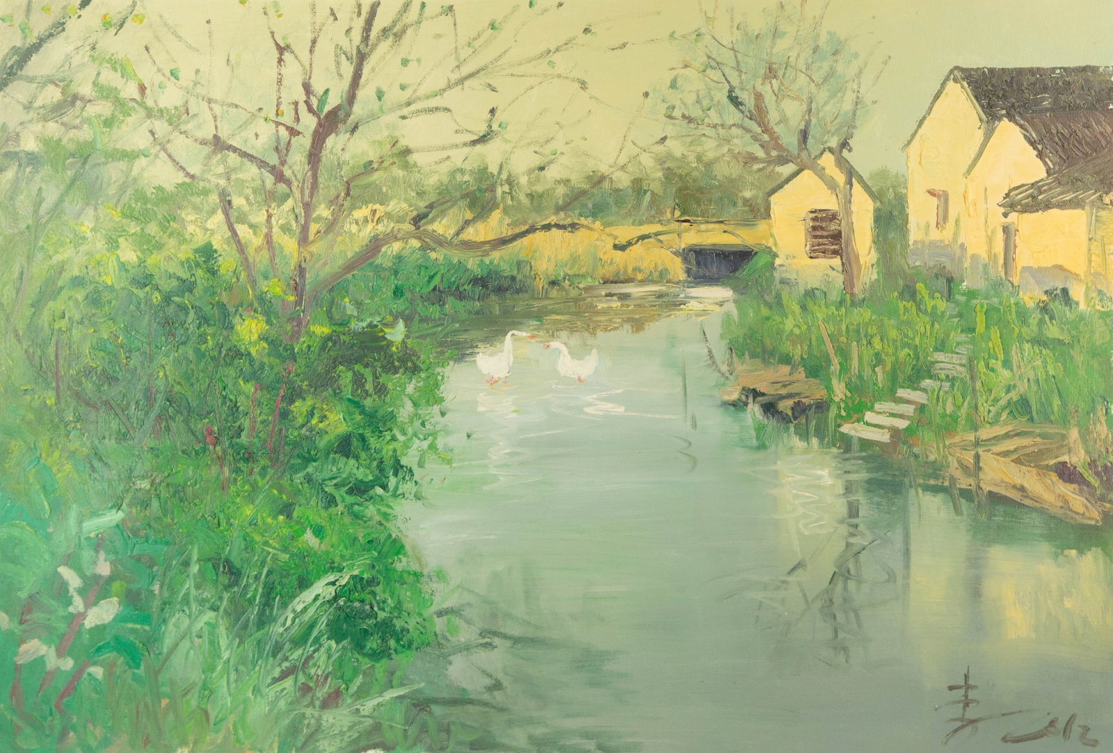 Binhua Cao Waterscape Original Oil On Canvas "Riverside Cottage": Title: Riverside Cottage Medium: Oil on canvas Size: 24.75 x 36 inches Frame: Framing options available! Condition: The painting appears to be in excellent condition. Note: This painting is unstretche