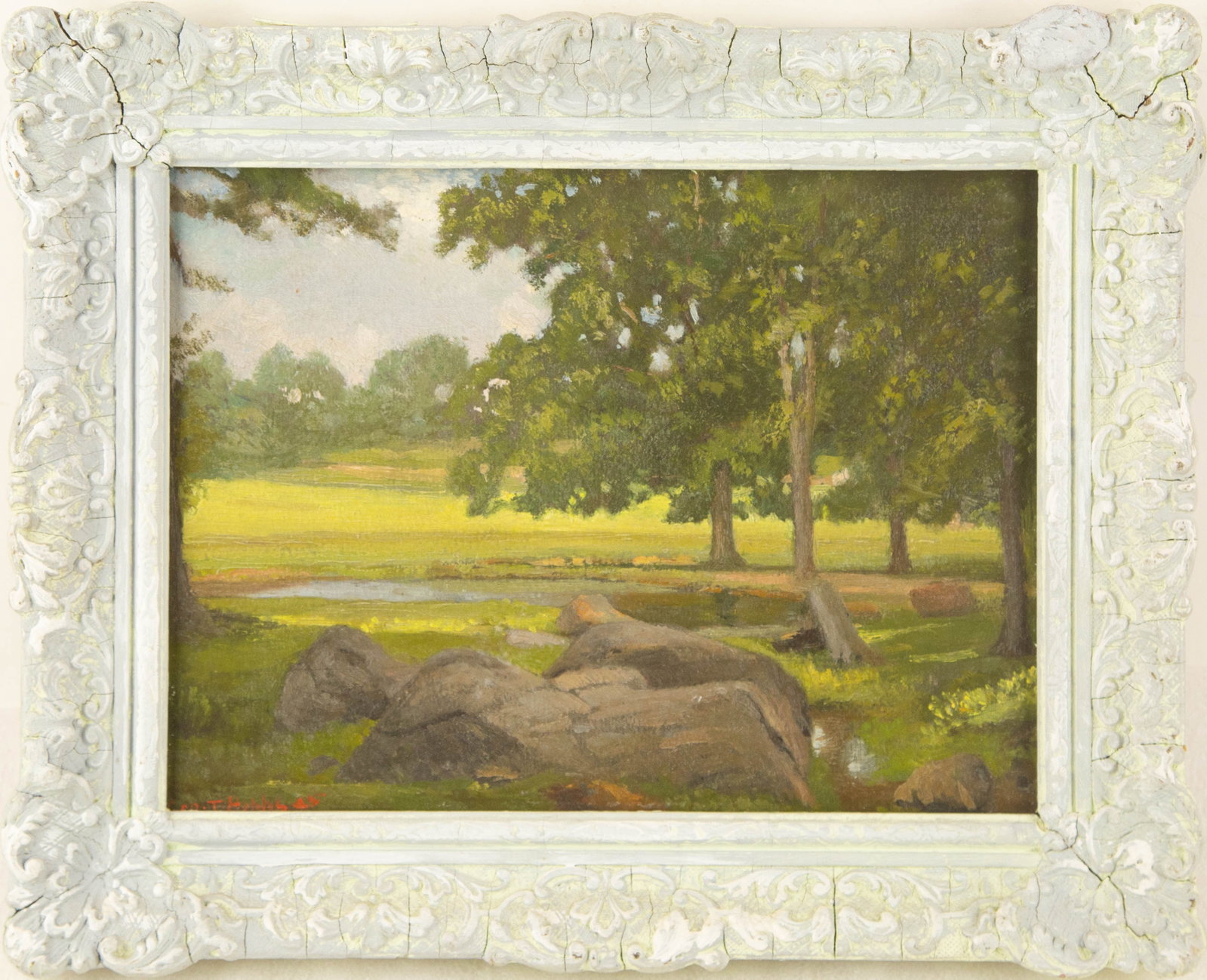 George Thompson Hobbs ( American, 1824 - 1969 ) Landscape Oil On Board: Medium: Oil On Board Style: Landscape Painting Size: 9 x 12 inches Frame Size: 12 x 15 inches Condition: This artwork is in great condition for its age. Signature: Hand-signed Artist: George Thompson 