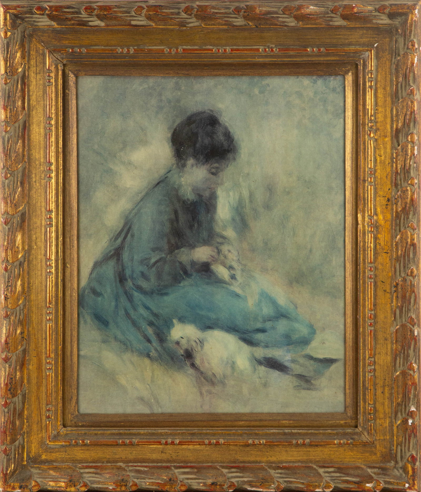 Pierre-Auguste Renoir (1841?1919) Portrait Print "Young Woman with a Dog": Medium: Print Size: 21.5" H x 17.5" W Condition: This artwork is in great overall condition for its age. Signature: No Signature Artist: Pierre-Auguste Renoir (1841?1919) Pierre-Auguste Renoir was a F