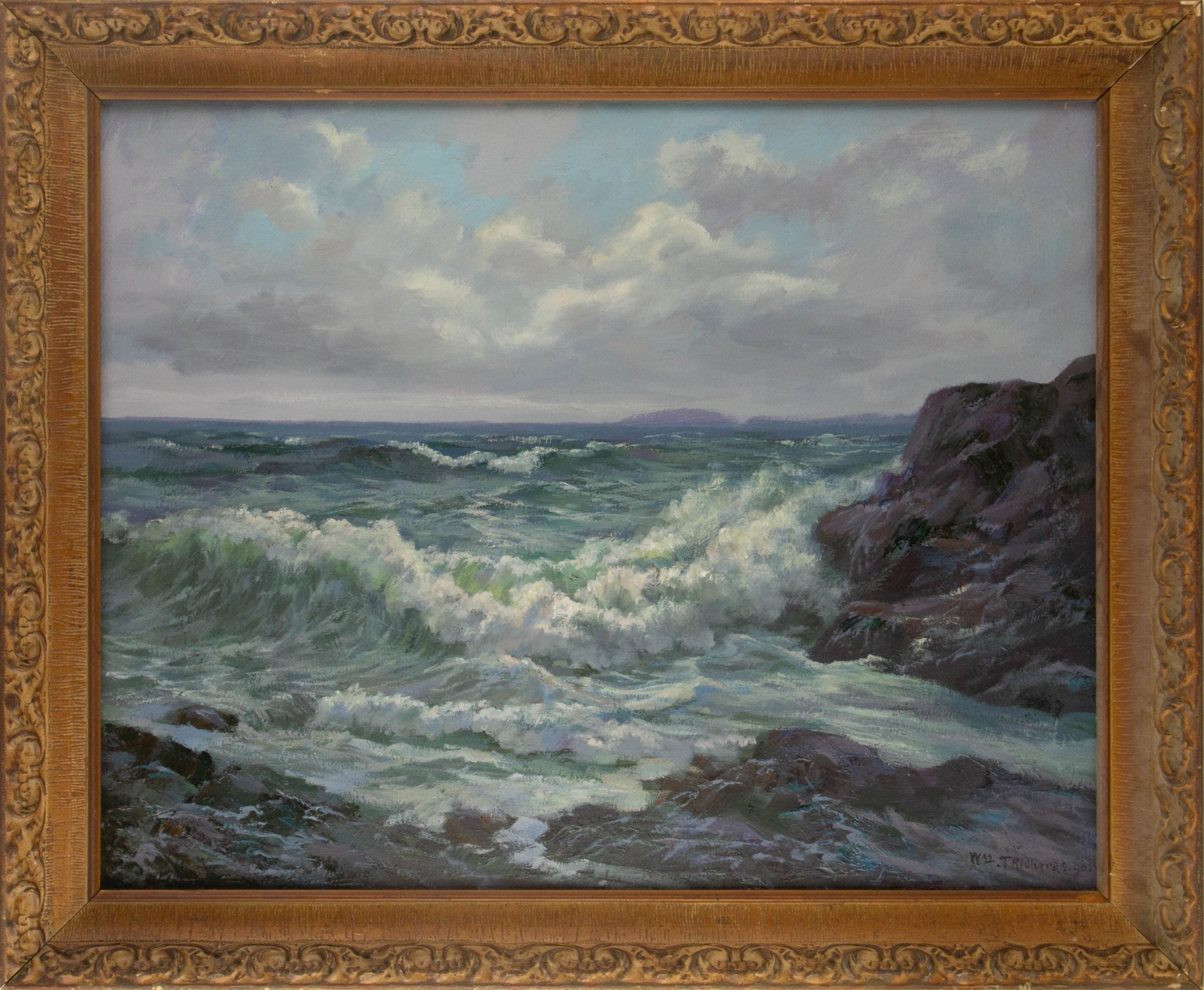 William Trost Richards ( American, 1833 - 1905 ) Waterscape Oil On Canvas: Medium: Oil On Canvas Style: Waterscape Painting Size: 24 x 30 inches Frame Size: 28.5 x 34.5 inches Condition: This artwork is in great condition for its age. Signature: Hand-signed Artist: William T