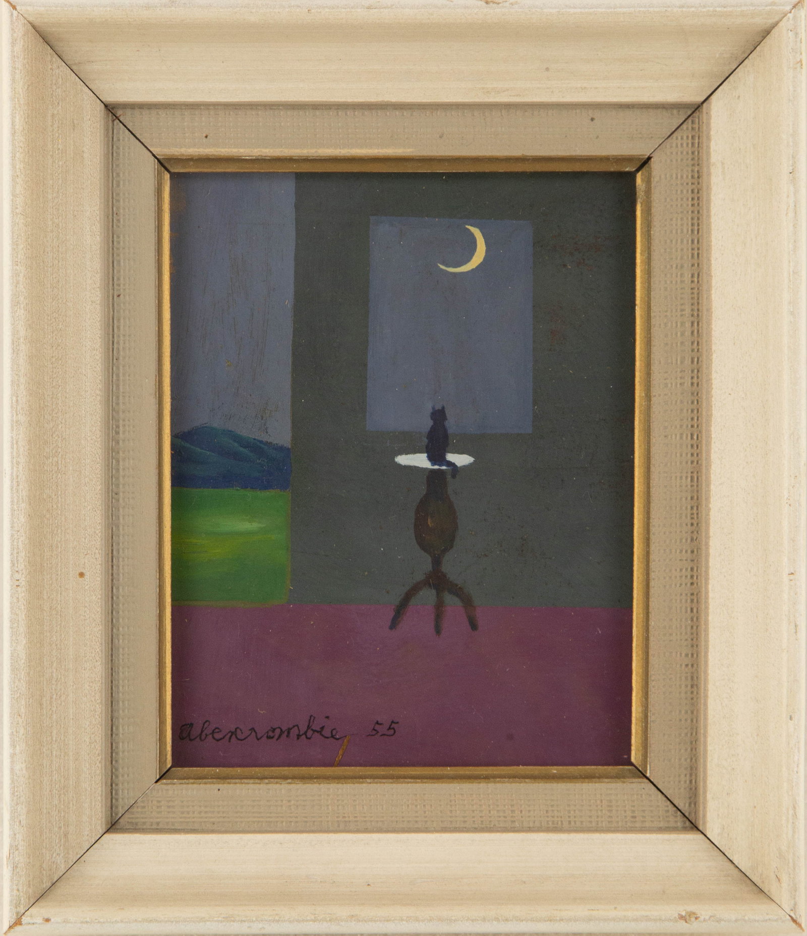 Gertrude Abercrombie ( American, 1909 - 1977 ) Surrealism Oil On Board: Medium: Oil On Board Style: Surrealism Painting Size: 45 x 4 inches Frame Size: 7 x 6 inches Condition: This artwork is in great condition for its age. Signature: Hand-signed Artist: Gertrude Abercrom