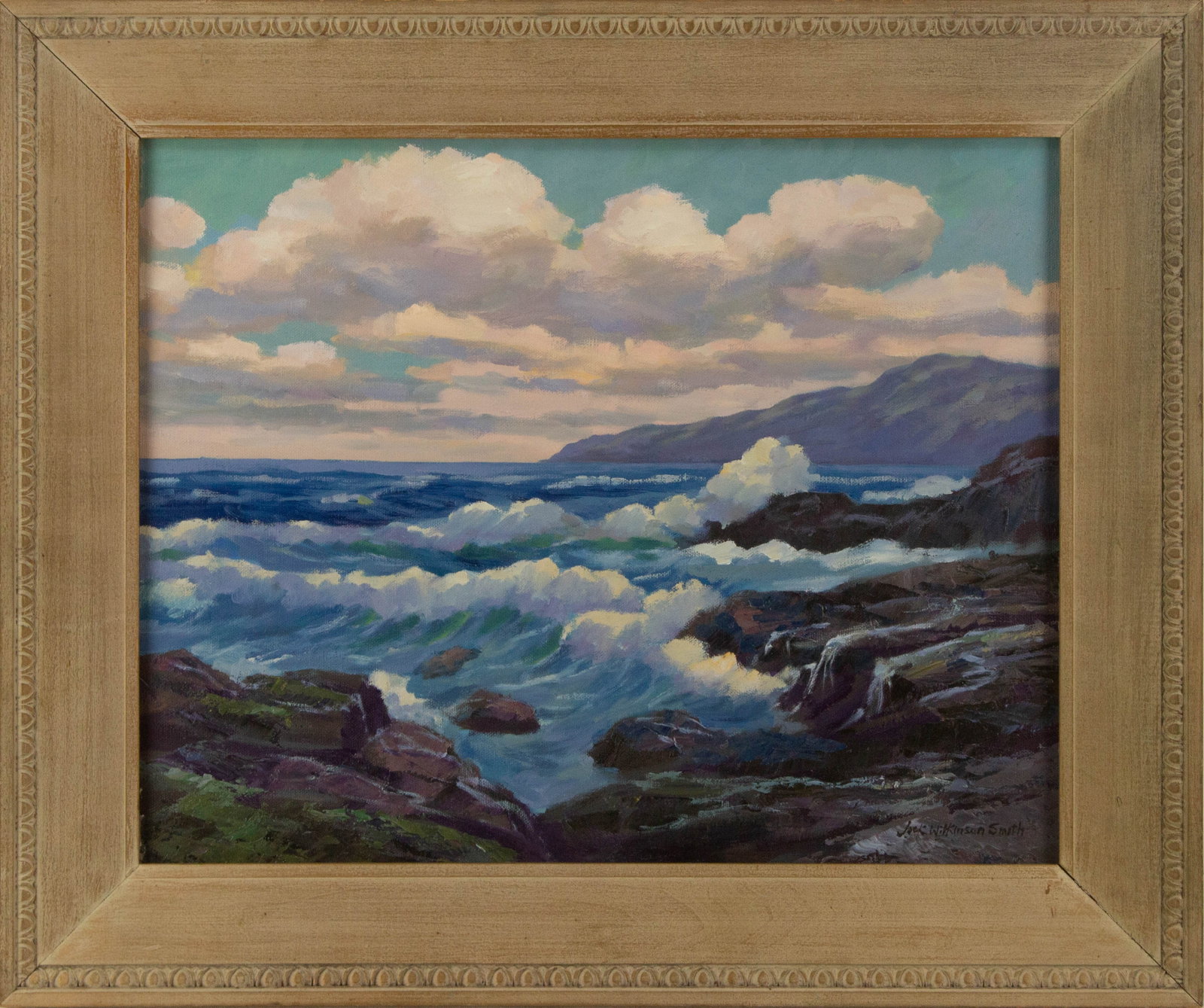Jack Wilkinson Smith ( American, 1873 - 1947 ) Waterscape Oil On Canvas: Medium: Oil On Canvas Style: Waterscape Painting Size: 16 x 19 inches Frame Size: 21 x 25 inches Condition: This artwork is in great condition for its age. Signature: Hand-signed Artist: Jack Wilkinso