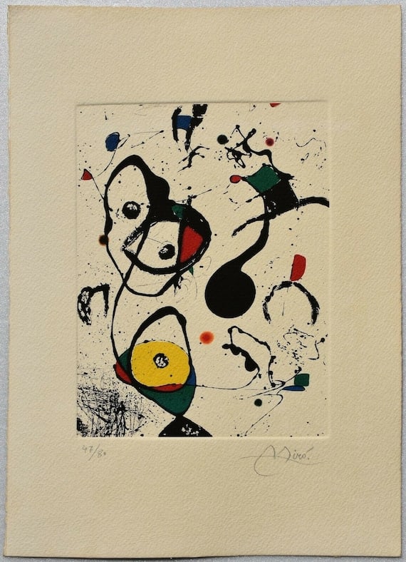 Joan Miró Abstract Etching Art Print Limited Edition: Medium: Etching Art Print Style: Abstract Painting Size: 11.8 x 8.4 inches Frame Size: x inches Condition: This artwork is in great condition for its age. Please note: the number edition may vary. Sig