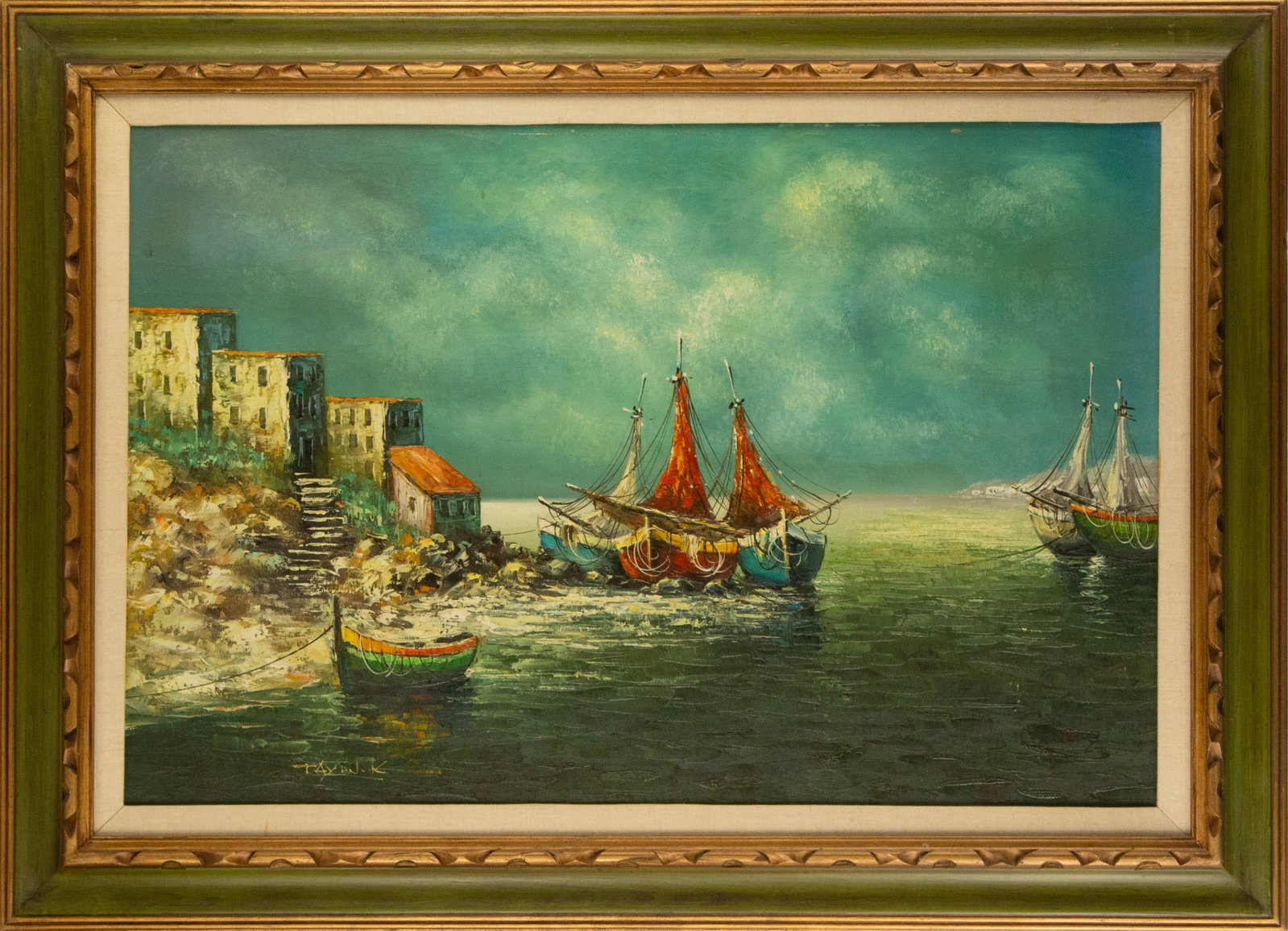 Waterscape Oil On Canvas "Boats By The Port": Title: Boats By The Port Medium: Oil On Canvas Painting Size: 24" x 36" Frame Size: 32" x 44" Condition: This artwork is in good overall condition for its age. Signature: Signed Artist: Unclear Bidder