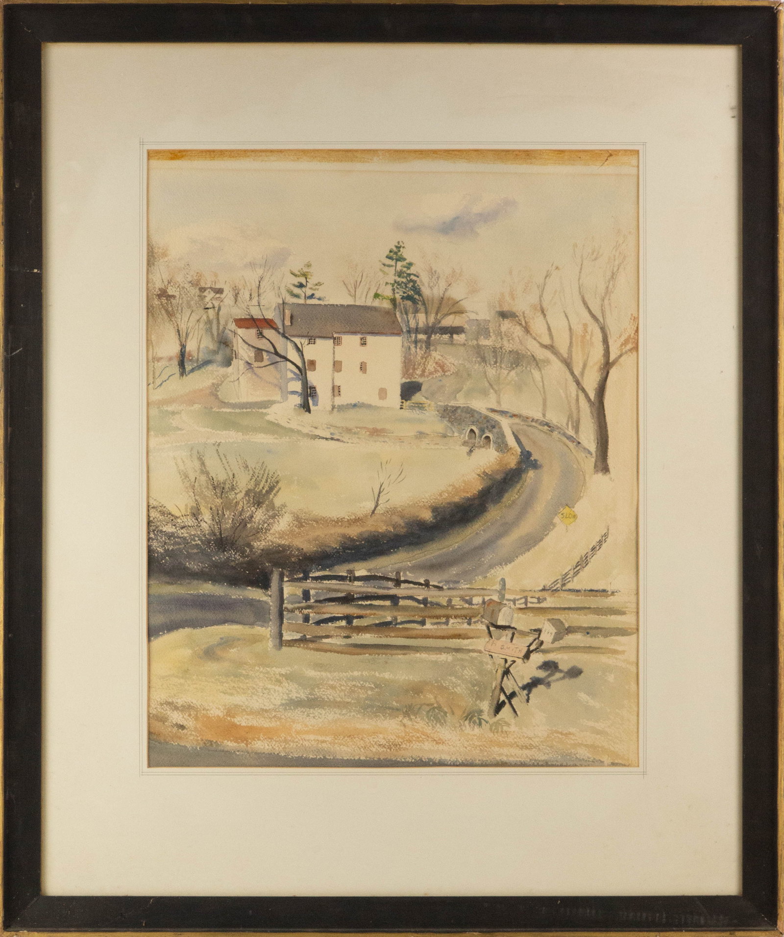 Landscape Watercolor "The Way Home": Title: The Way Home Medium: Watercolor Painting Size: 24" x 19" Frame Size: 37" x 31" Condition: This artwork is in good overall condition for its age. Signature: No Signature Artist: N/A Bidders need