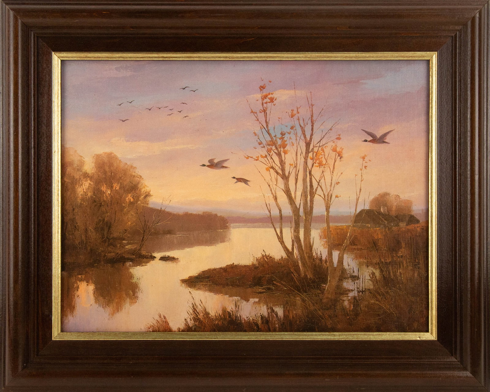 Landscape Print "Sunset Moment": Title: Sunset Moment Medium: Print Painting Size: 12" x 16" Frame Size: 16" x 20" Condition: This artwork is in good overall condition for its age. Signature: No Signature Artist: Unclear Bidders need