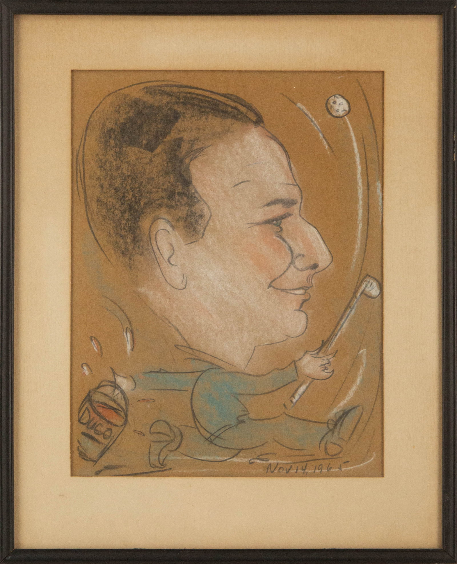 DUCO Portrait Pastel "Golfing Day (1965)": Title: Golfing Day (1965) Medium: Pastel Painting Size: 13" x 10" Frame Size: 18.5" x 15" Condition: This artwork is in good overall condition for its age. Signature: Signed Artist: DUCO Bidders need 