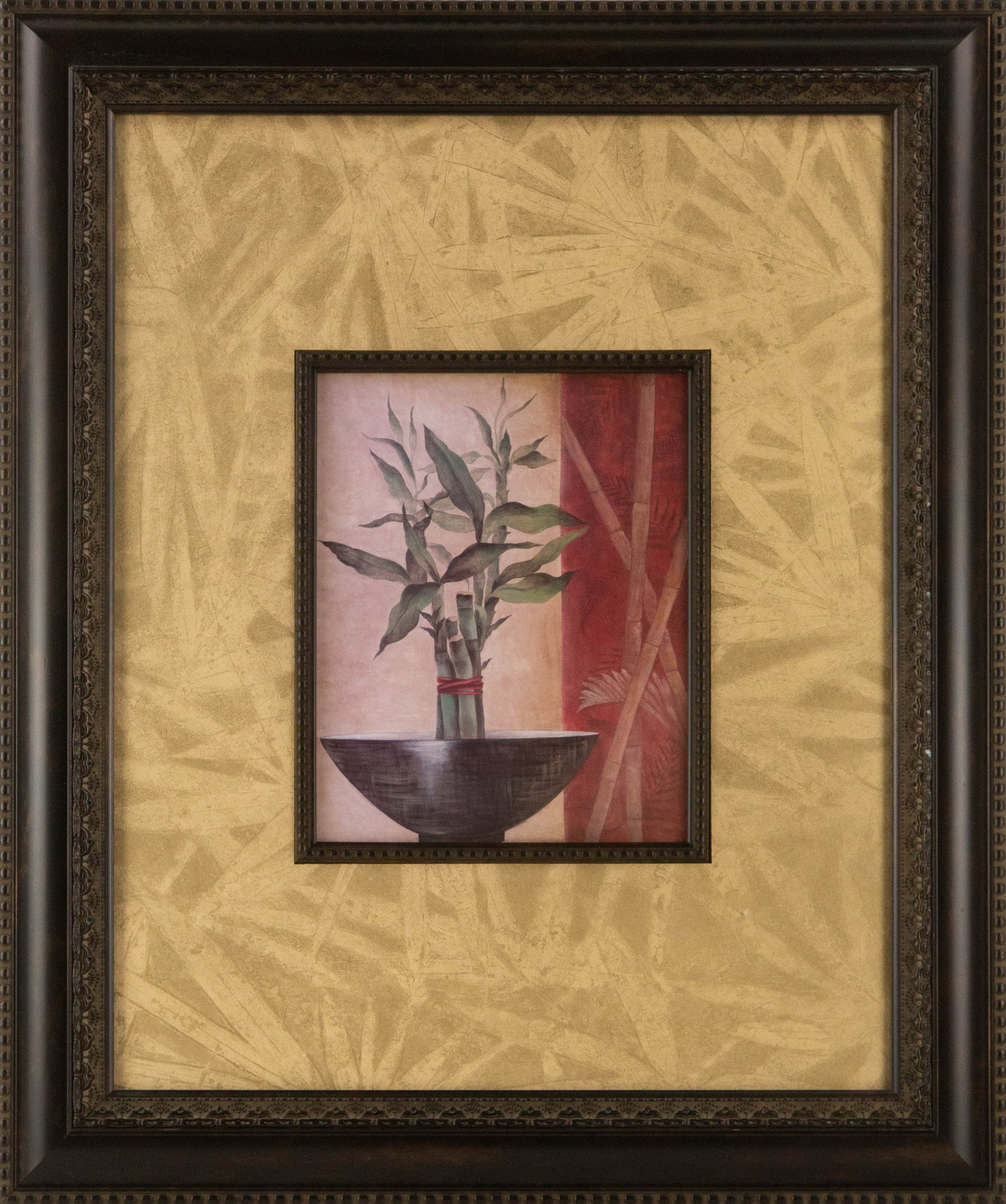 Still Life Print "Bamboo Decor": Title: Bamboo Decor Medium: Print Painting Size: 10" x 8" Frame Size: 24" x 20" Condition: This artwork is in good overall condition for its age. Signature: No Signature Artist: Unclear Bidders need t