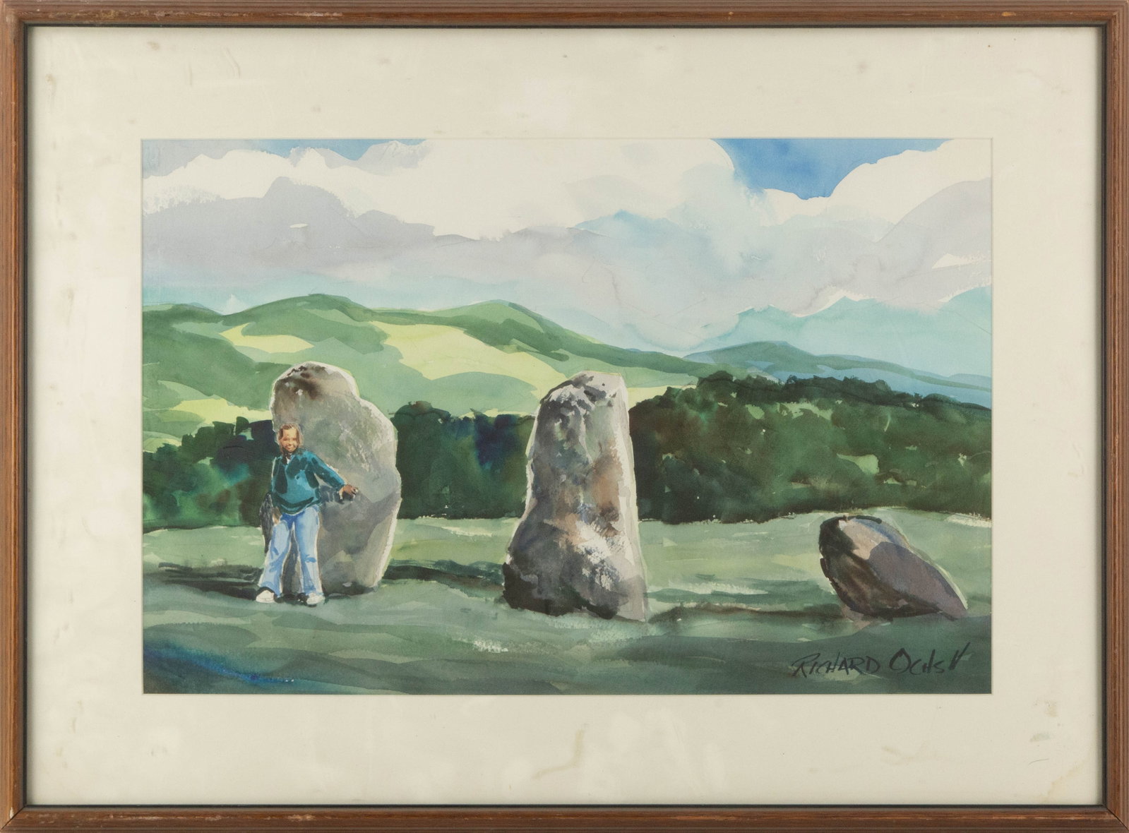 Richard Ochs Landscape Watercolor "Sunny Day Trip": Title: Sunny Day Trip Medium: Watercolor Painting Size: 14" x 21.5" Frame Size: 21" x 28.75" Condition: This artwork is in good overall condition for its age. Signature: Signed Artist: Richard Ochs Bi