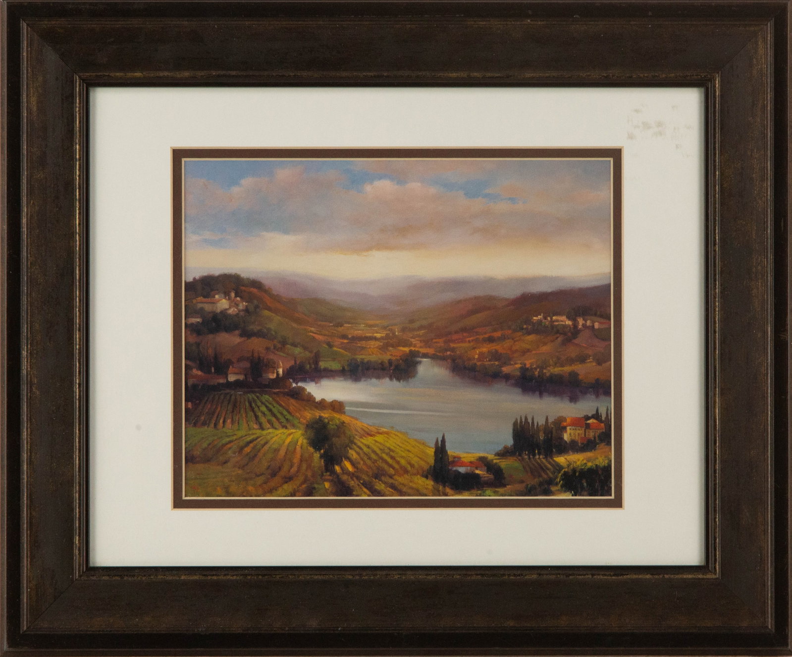 Jennie Tomao Landscape Print "Vineyard View I": Title: Vineyard View I Medium: Print Painting Size: 7.5" x 9.5" Frame Size: 14.5" x 17.5" Condition: This artwork is in good overall condition for its age. Signature: Unsigned Artist: Jennie Tomao Bid
