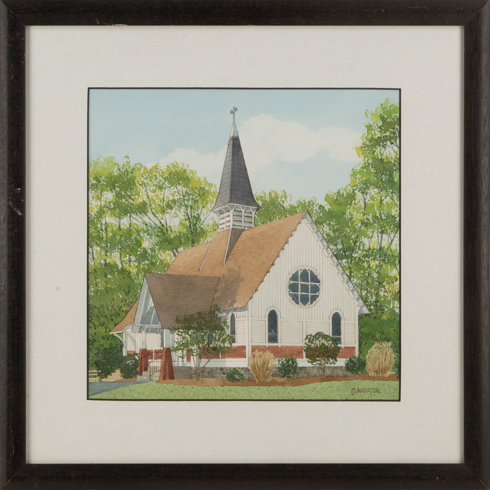 Claudia Teal Landscape Watercolor "Providence Presbyterian Church": Title: Providence Presbyterian Church Medium: Watercolor Painting Size: 12" x 12" Frame Size: 18.5" x 18.5" Condition: This artwork is in good overall condition for its age. Signature: Signed Artist: 
