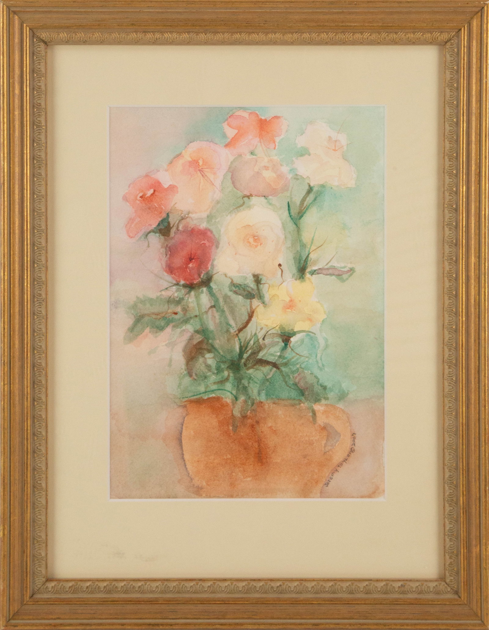 Jeremy Taylor Still Life Watercolor "Bolmming Flower": Title: Bolmming Flower Medium: Watercolor Painting Size: 10" x 7" Frame Size: 15.75" x 12.25" Condition: This artwork is in good overall condition for its age. Signature: Signed Artist: Jeremy Taylor 
