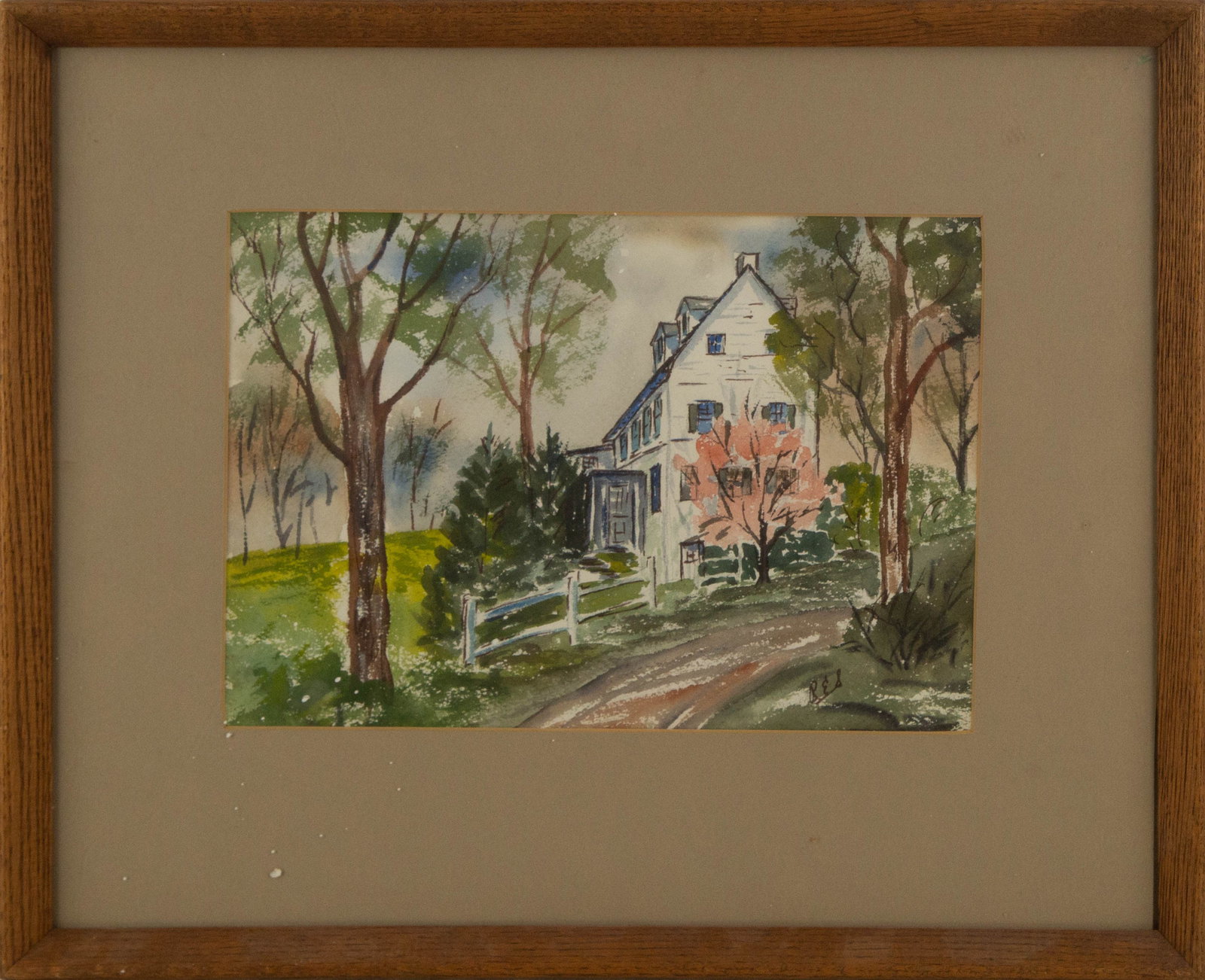 E.M. Landscape Watercolor "House In Summer": Title: House In Summer Medium: Watercolor Painting Size: 9" x 13.25" Frame Size: 17.25" x 21.25" Condition: This artwork is in good overall condition for its age. Signature: Hand-signed Artist: E.M. B