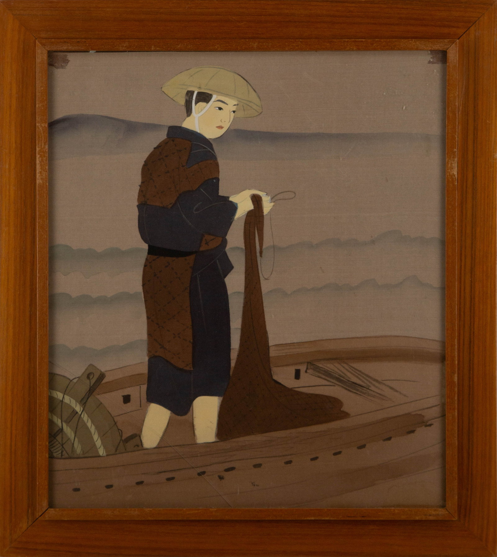 Nihonga Watercolor On Silk "Fisherman with Net": Title: Fisherman with Net Medium: Watercolor On Silk Painting Size: 16" x 14" Frame Size: 19.5" x 17.5" Condition: Please Note the glass is broken on the lower left side. Signature: No Signature Artis