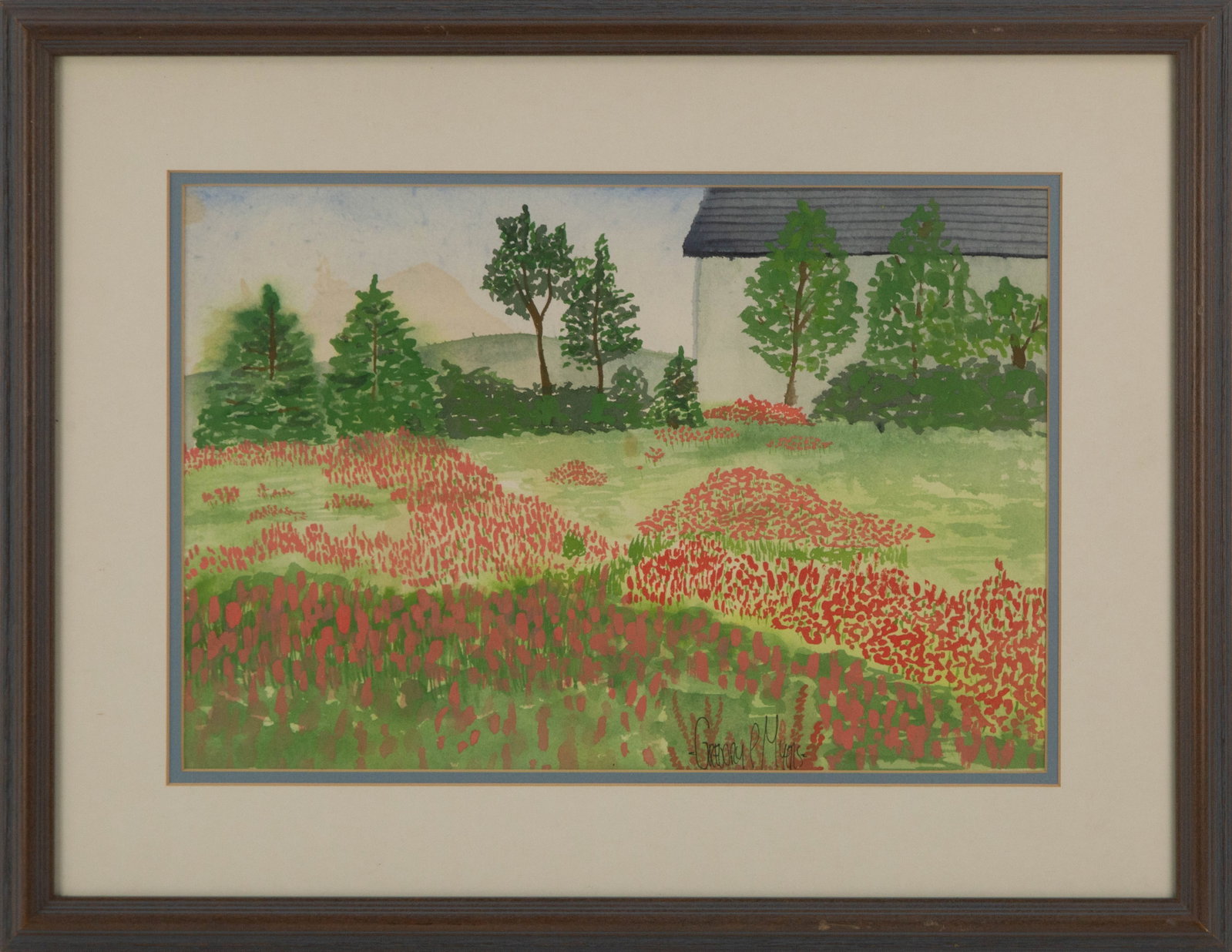 Gregory P. Myers Landscape Watercolor "Flower On The Meadow": Title: Flower On The Meadow Medium: Watercolor Painting Size: 10.5" x 15.5" Frame Size: 17.25" x 22.5" Condition: This artwork is in good overall condition for its age. Signature: Hand-signed Artist: 
